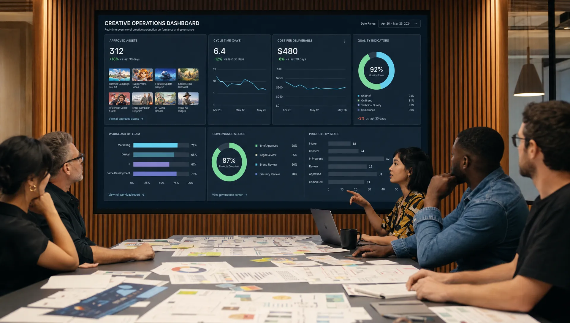 A cross-functional creative operations team reviewing a large wall dashboard facing them, showing approved assets, cycle time, cost per deliverable, quality indicators, and governance status across marketing, design, IT, and game development, with printed scorecards and review notes spread across the table in front of them.