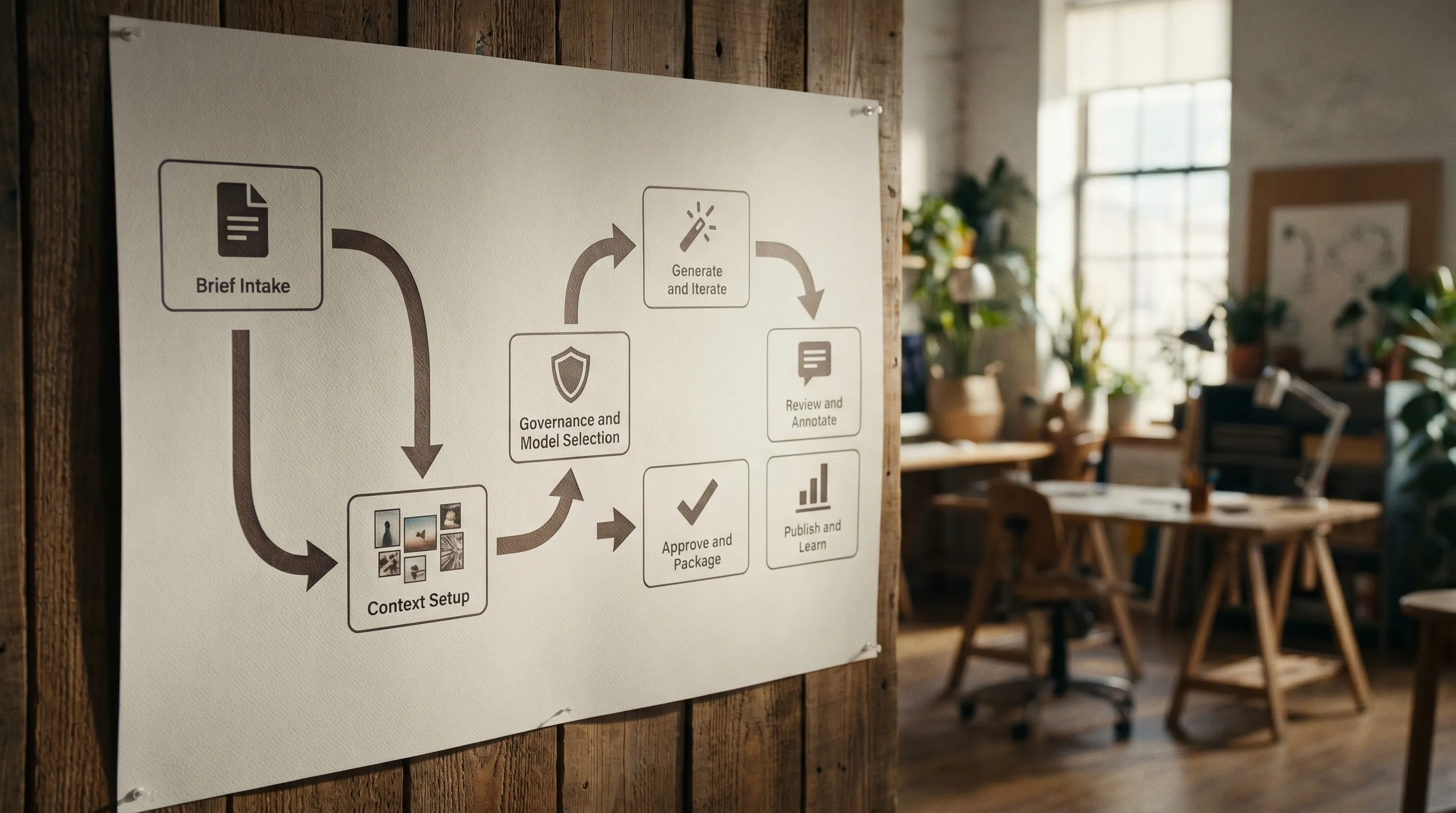 A simple workflow diagram with seven connected stages labeled: Brief Intake, Context Setup, Governance and Model Selection, Generate and Iterate, Review and Annotate, Approve and Package, Publish and Learn. Each stage has a small icon (document, mood board, shield, spark, comment bubble, checkmark, analytics).