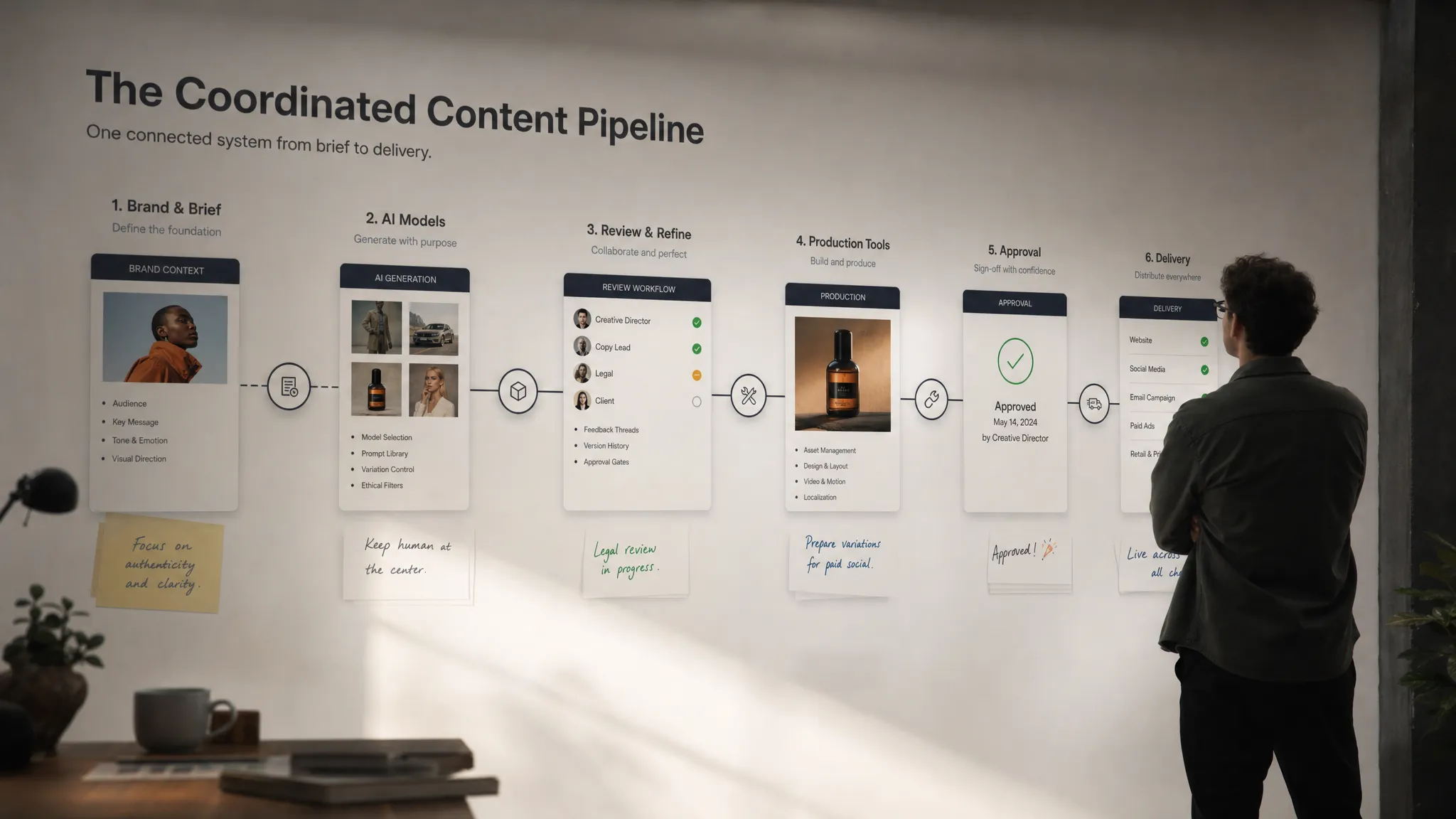 Creative teams connecting brand context, AI models, review workflows, and production tools into one coordinated content pipeline, shown as a diagram on a clean wall with linked nodes, brief notes, approval markers, and delivery stages.