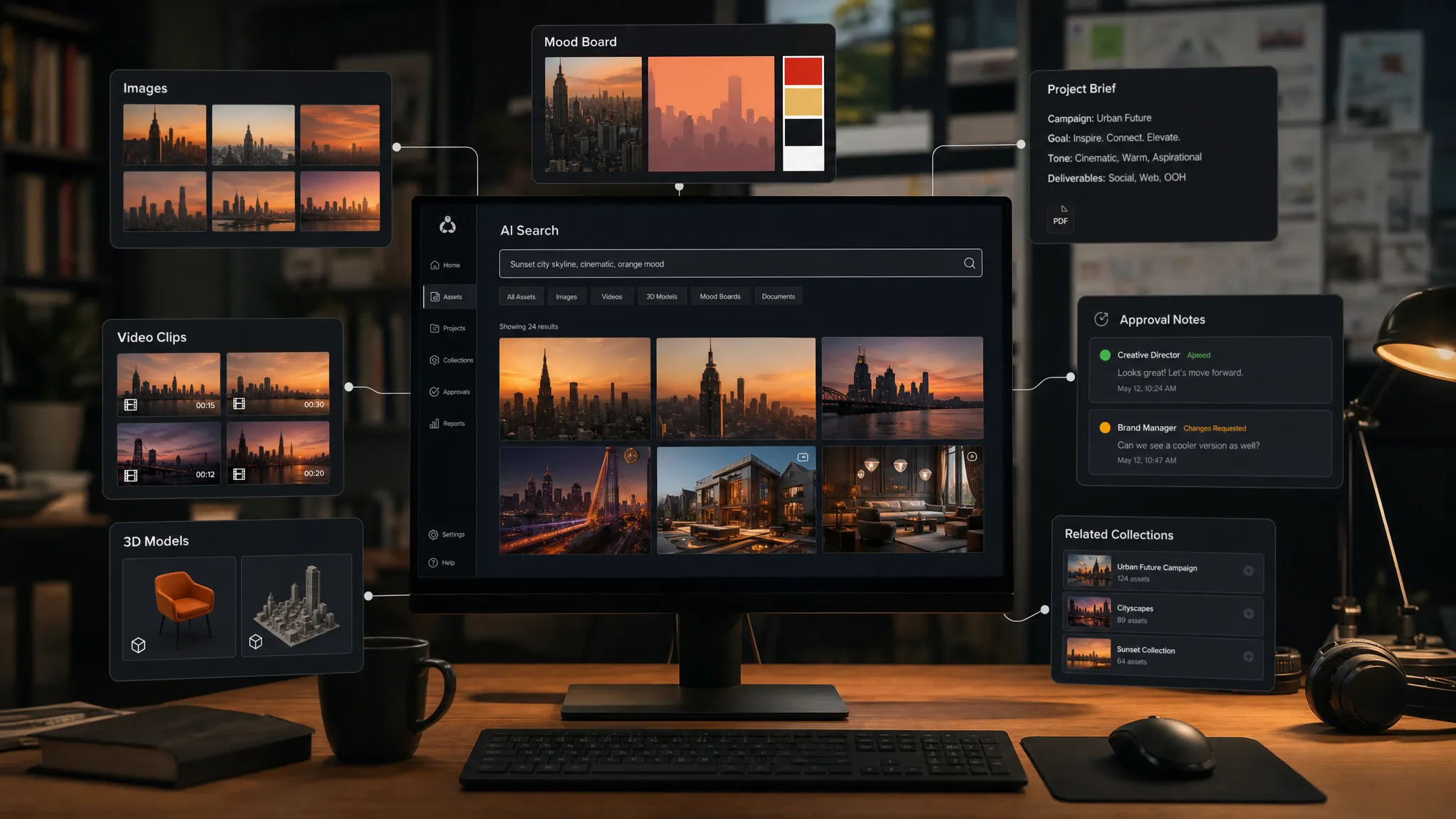 A creative operations workspace showing connected asset types such as images, video clips, 3D models, mood boards, and approval notes arranged around a central AI search interface.
