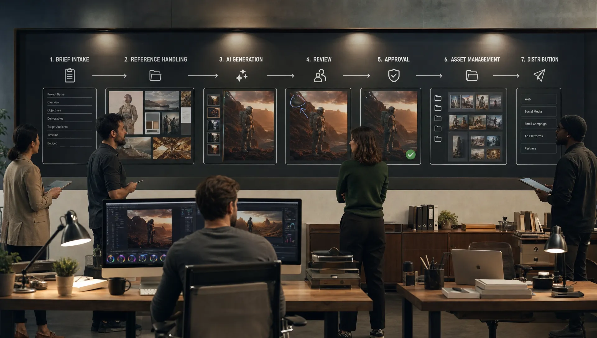 A cross-functional creative production workflow shows brief intake, reference handling, AI generation, review, approval, asset management, and distribution checkpoints.