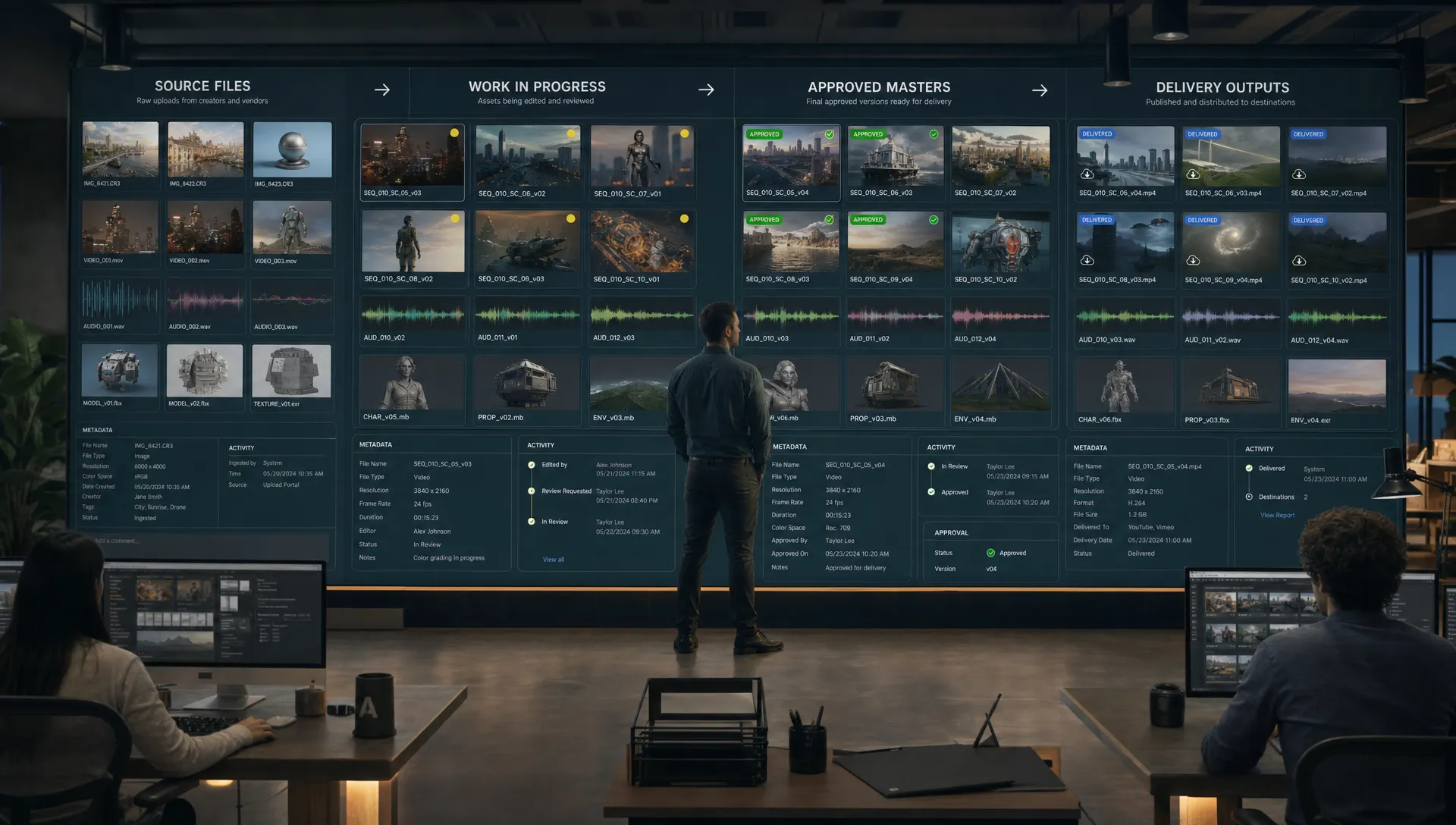 A modern asset operations room with separate organized zones for Source Files, Work in Progress, Approved Masters, and Delivery Outputs. Each zone contains visual thumbnails, 3D objects, video frames, metadata cards, and approval markers that show how creative assets move through a controlled production pipeline.