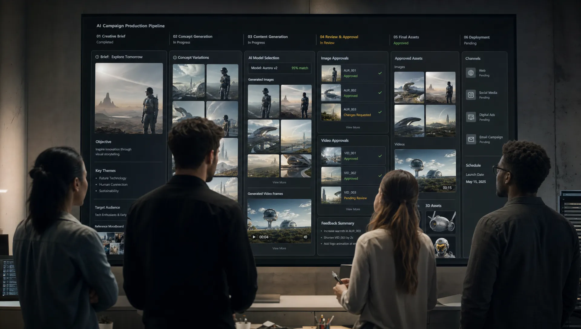 A creative operations team stands in front of a wall display facing them, reviewing AI-generated campaign images, video frames, and 3D asset previews, with workflow cards showing approvals, model selection, and asset status across a production pipeline.