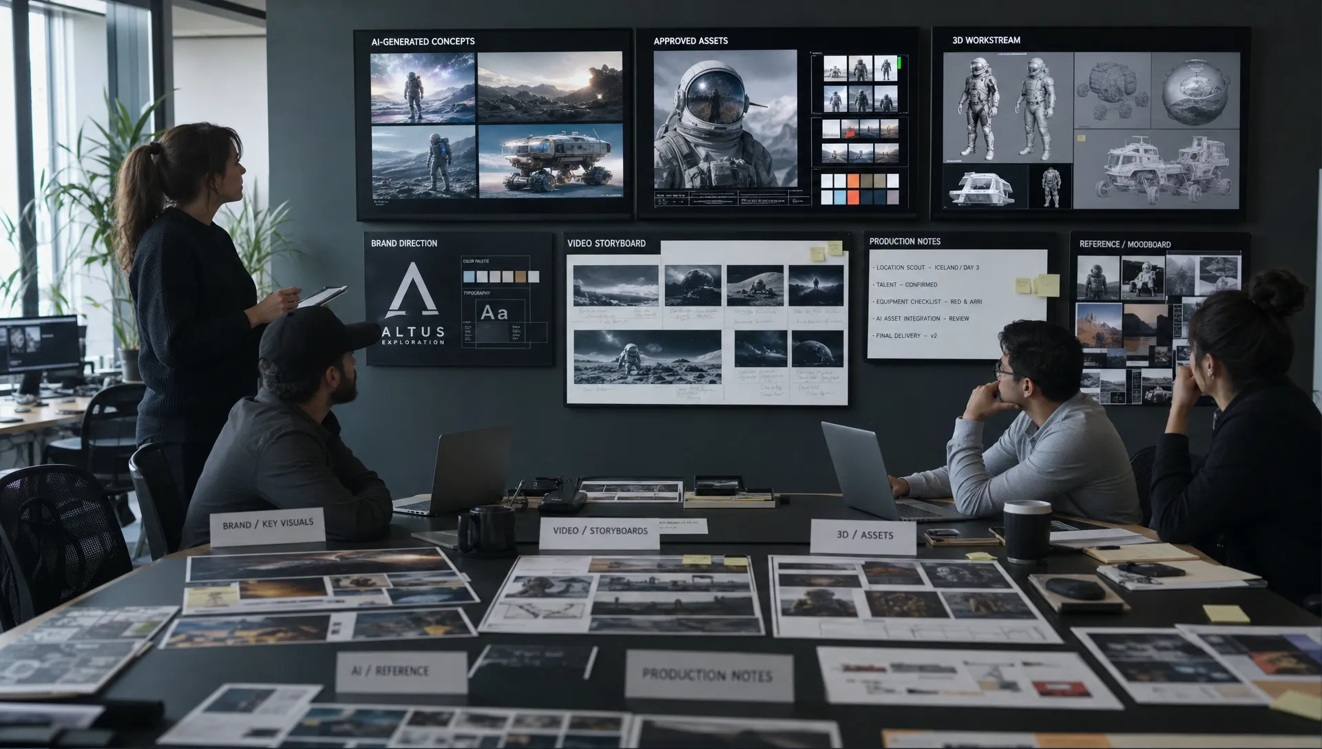 A professional creative studio workflow showing teams reviewing AI-generated visual concepts, approved assets, and production notes across brand, video, and 3D workstreams, with a wall of annotated screens and a central table of labeled reference boards in a meeting room.