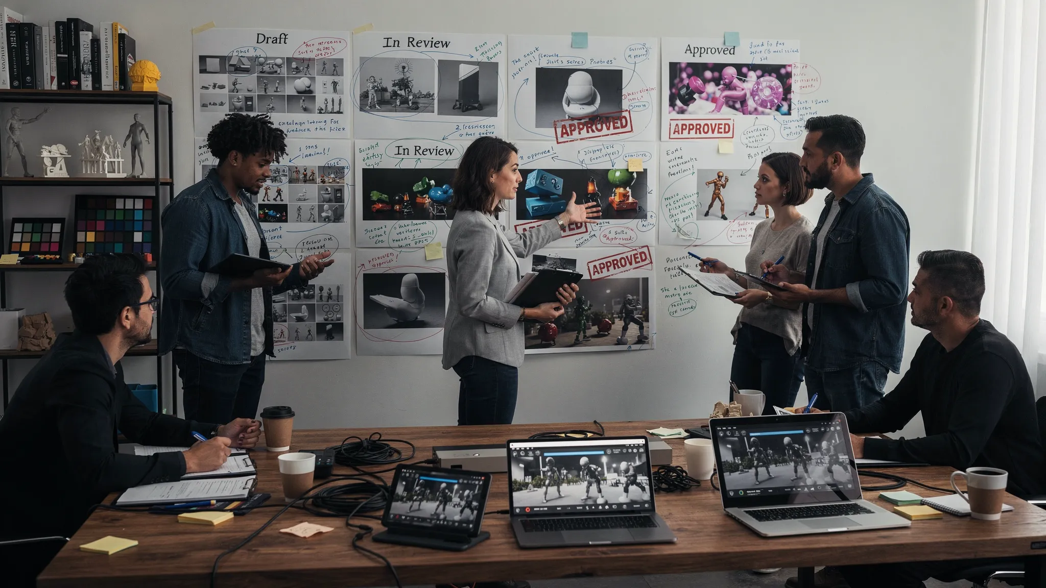 A creative production workspace scene with a team reviewing AI-generated image and 3D asset variants on a wall of printed boards and tablets, showing approval stamps, annotations, and a clear pipeline status from draft to approved.