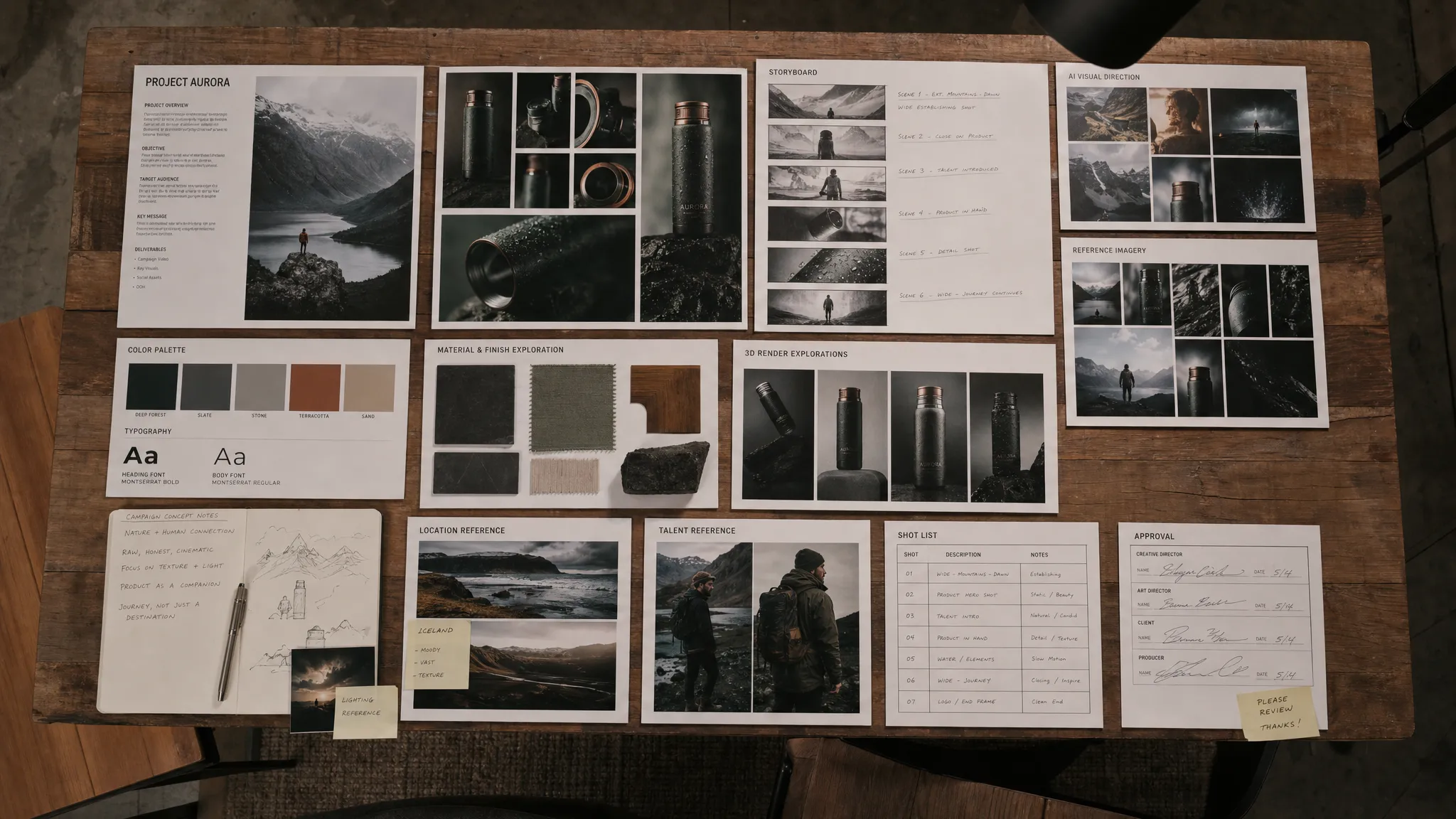 A studio table with printed mood boards, product reference photos, color swatches, storyboard frames, 3D material samples, and annotated approval cards arranged for a creative AI model review session, viewed from overhead with the full layout spread across the table.