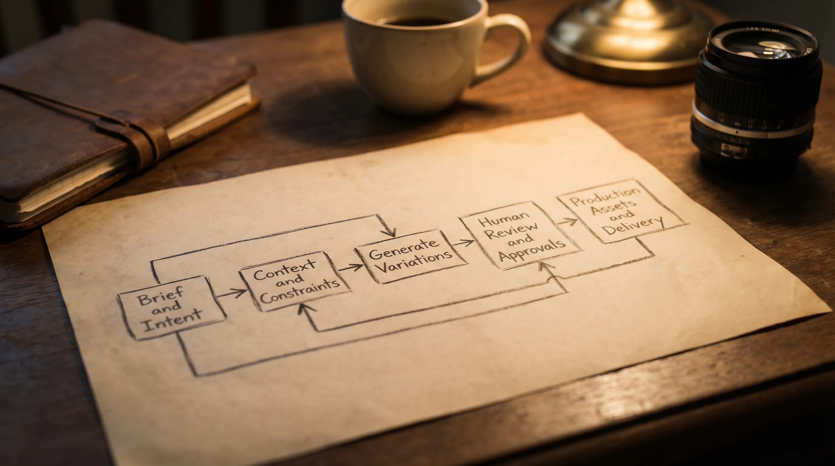 A simple five-step creative AI workflow diagram with labeled boxes and arrows: Brief and Intent, Context and Constraints, Generate Variations, Human Review and Approvals, Production Assets and Delivery.