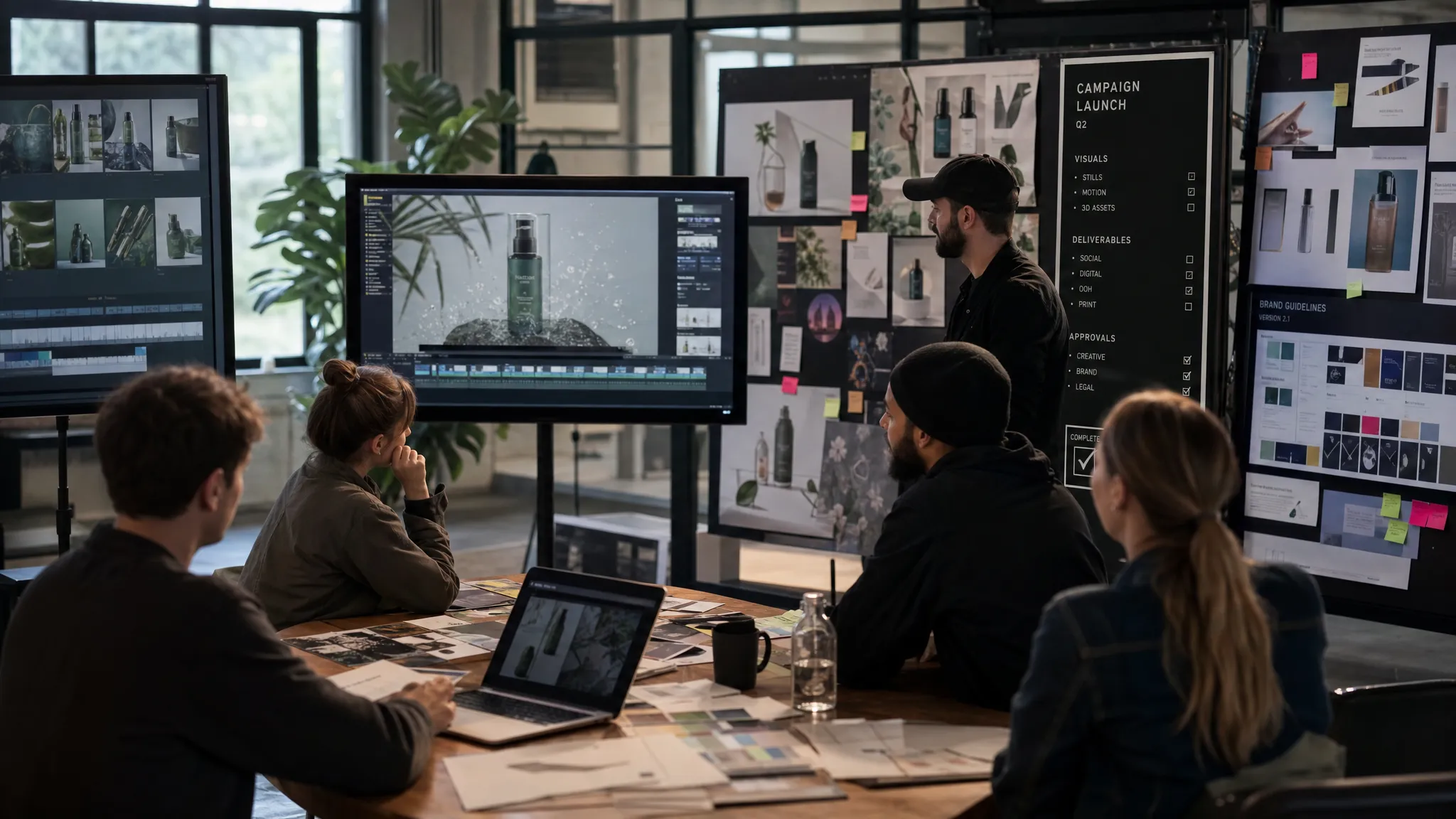 A creative production team reviewing campaign visuals, 3D product assets, and video frames across a shared studio workflow, with approvals and brand guidelines represented as organized production checkpoints.