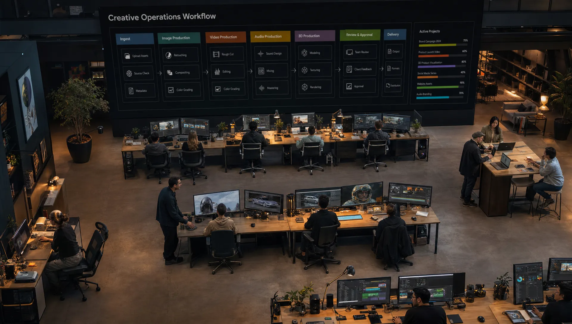 A creative operations control room showing connected workflows for image, video, audio, and 3D production, with teams reviewing assets, approvals, and brand guidelines in one coordinated system, seen from an overhead angle with multiple stations spread across the room.