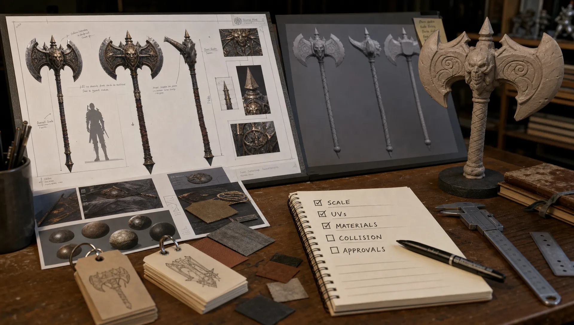 A studio workspace with printed fantasy prop concepts, a clay model, texture swatches, file tags, and a checklist for scale, UVs, materials, collision, and approvals.