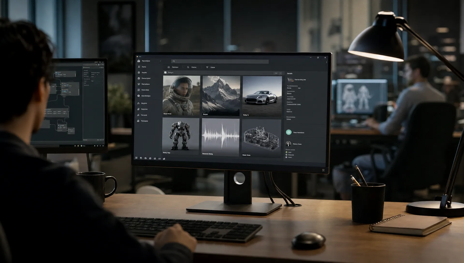 A production pipeline moves image, video, 3D, and audio outputs into a governed asset library for review and approval.