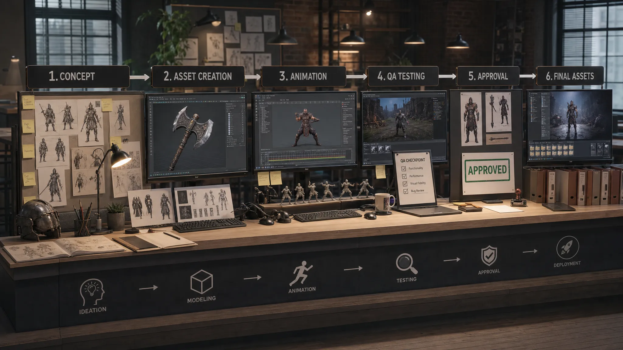 A game studio production pipeline shown as a series of connected workstations, with concept sketches, 3D prop references, animation frames, QA checkpoints, approval markers, and final assets arranged from left to right on a long production table. Indoor environment, medium-wide framing, multi-element arrangement, organized and process-driven mood.