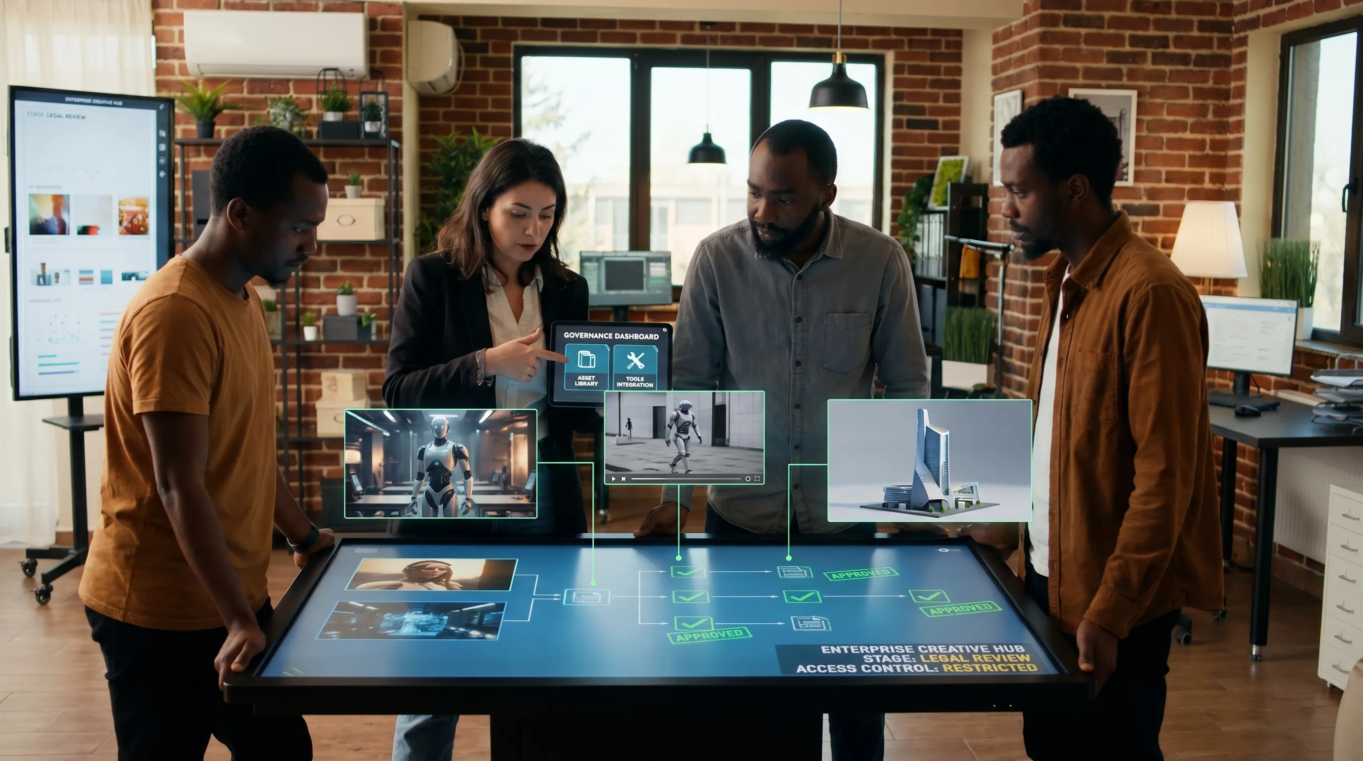 Enterprise creative teams collaborating around AI-generated image, video, and 3D assets, with clear approval stages and governance controls connecting creative tools and asset libraries.