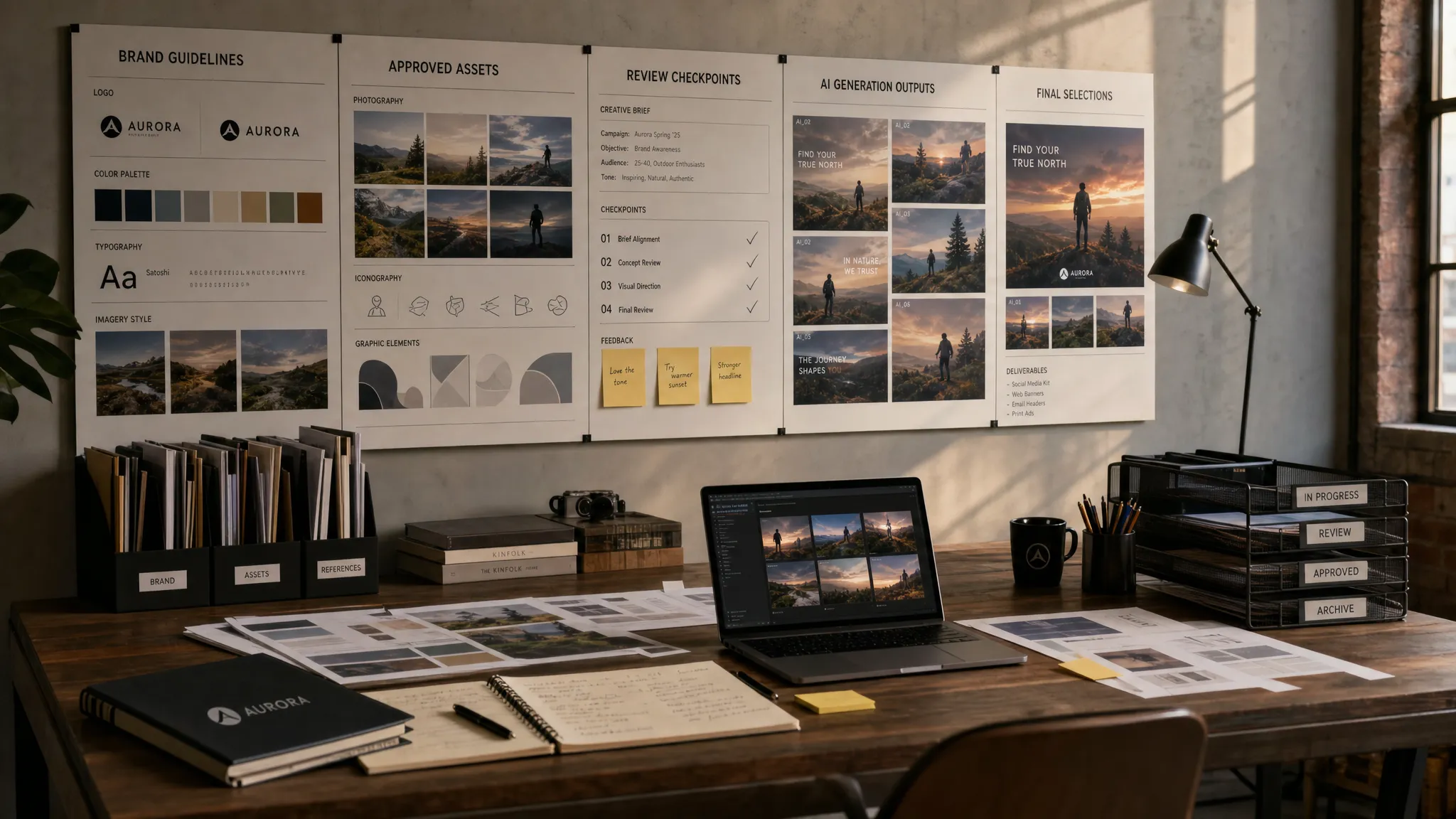 A creative production workspace showing brand guidelines, approved assets, review checkpoints, and AI generation outputs connected in one organized workflow, with a central planning table, wall-mounted reference boards, and organized file trays in an indoor studio setting.