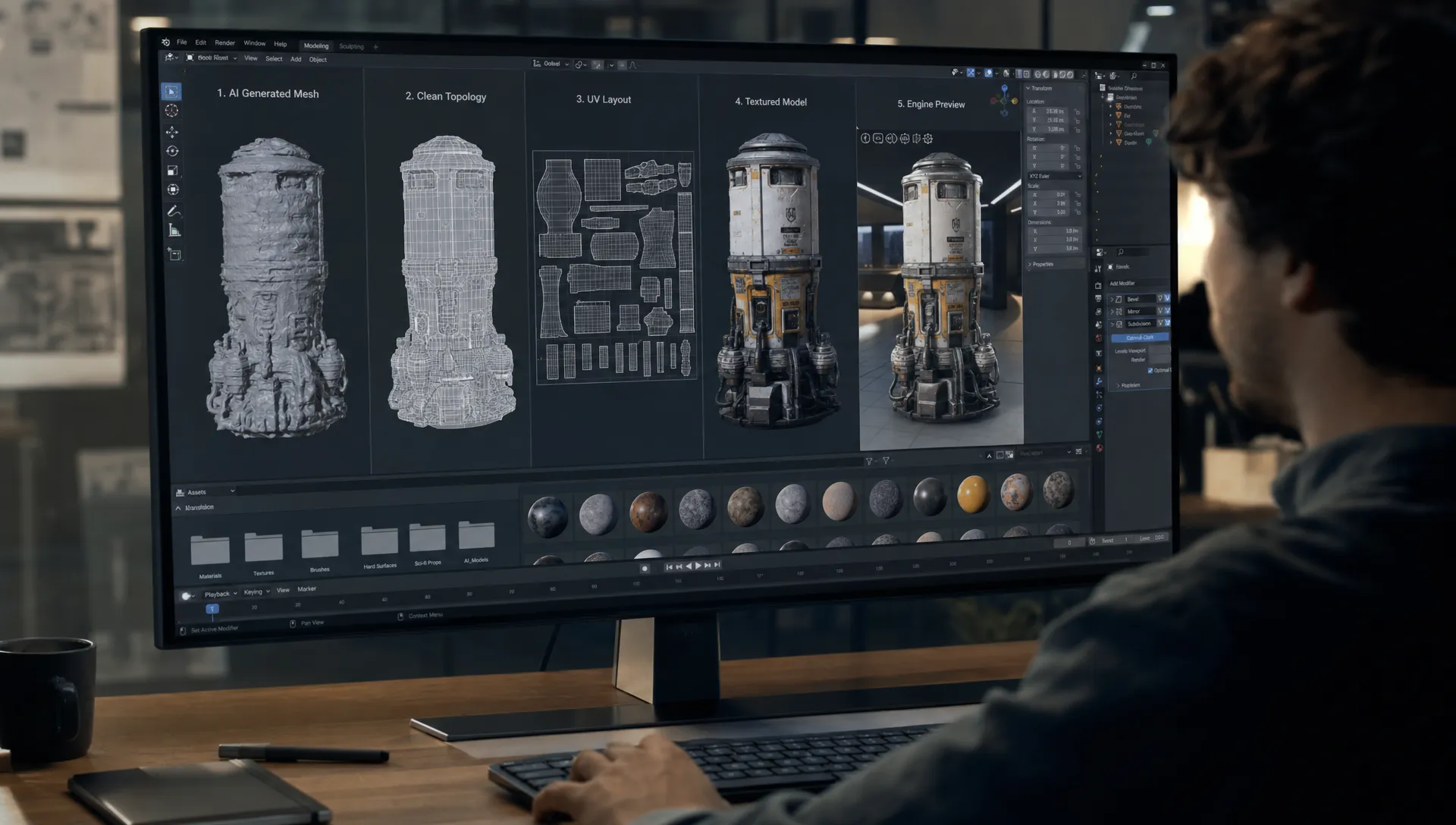 A professional 3D production workspace showing an AI-generated asset moving through stages from rough mesh to clean topology, UV layout, textured model, and final engine preview on a workstation.