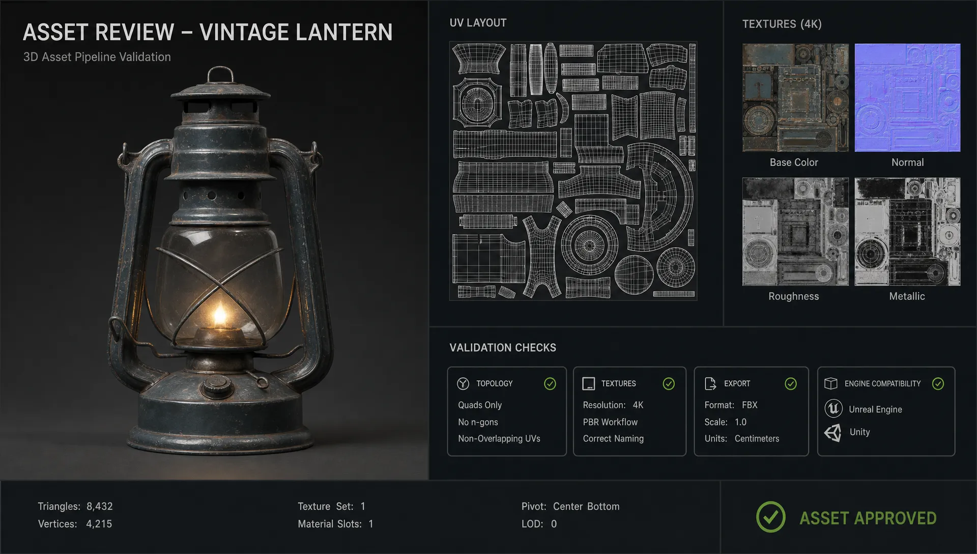 A clean 3D asset review scene showing a textured object in Blender, UV islands beside it, and small validation labels for topology, textures, export, and engine compatibility.