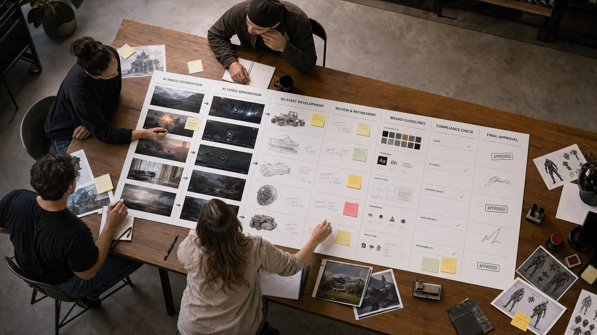 A creative operations team reviews AI-generated image, video, and 3D assets on a large shared board, with approval stages, brand guidelines, and compliance checkpoints visible as organized workflow columns, viewed from an overhead angle in a clean studio room with reference cards and approval stamps spread across the table.