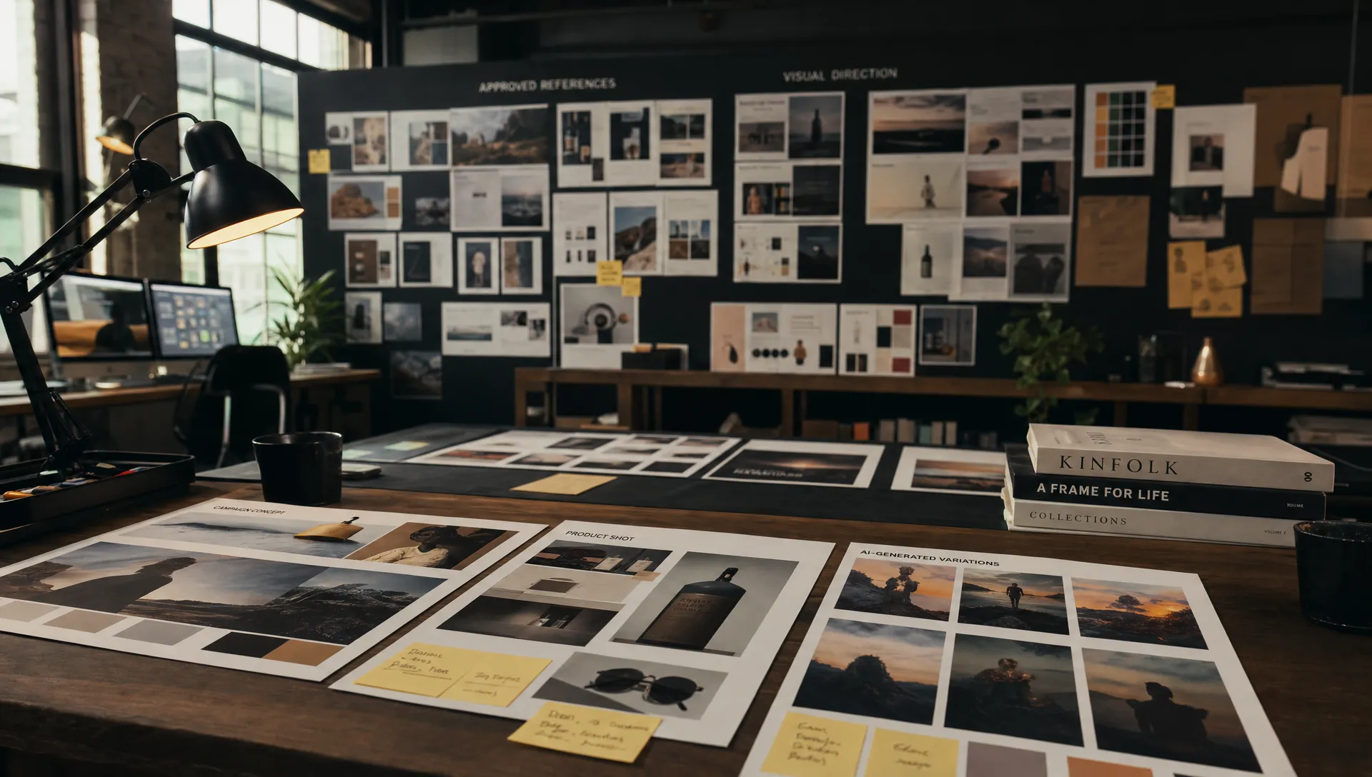 A creative operations workspace with brand boards, approved visual references, asset review cards, and AI-generated content variations arranged across a long studio table, with the review materials in the foreground and a wall of approved references in the background.