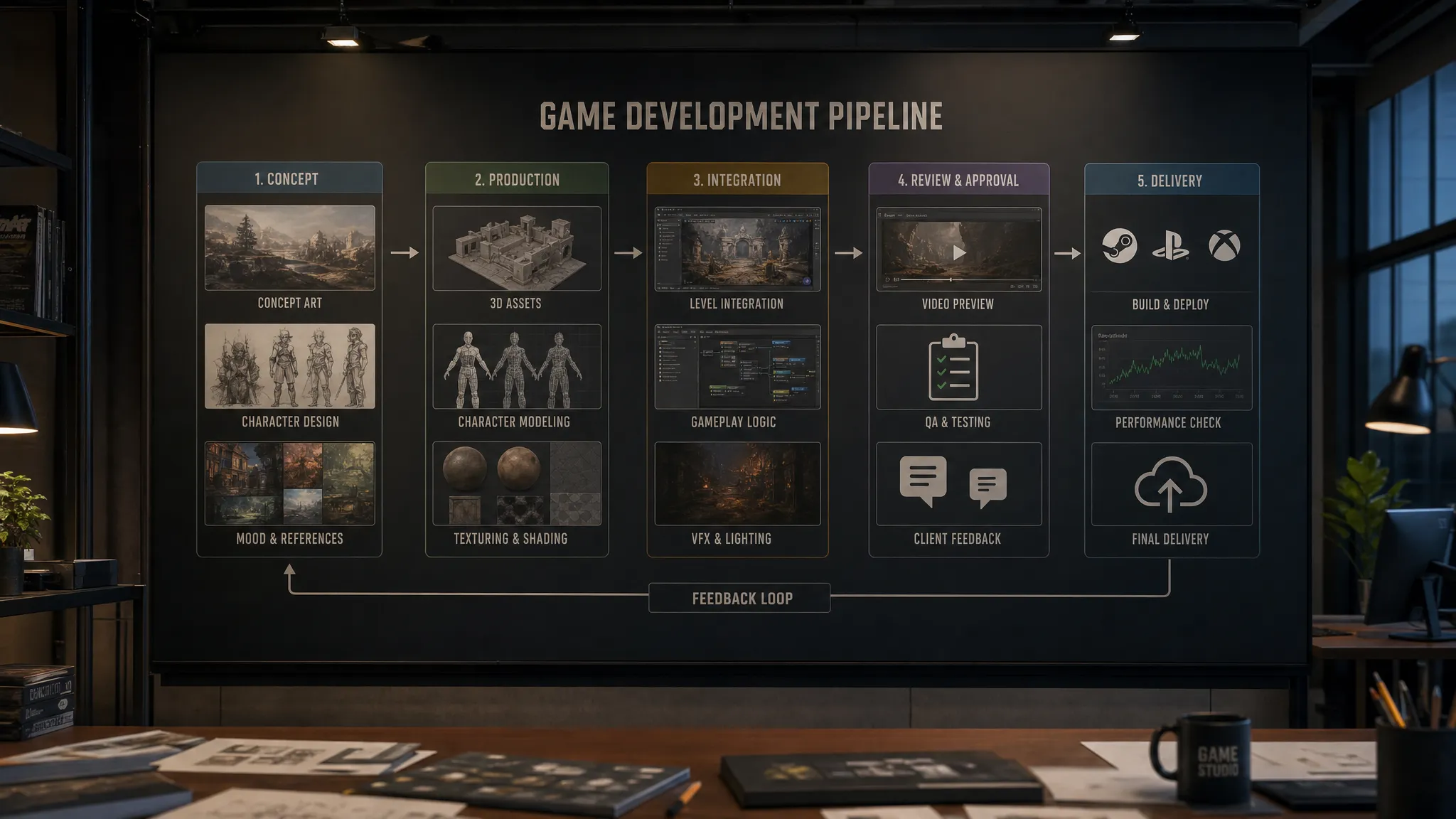 A game studio workflow diagram showing concept art, 3D assets, video previews, approvals, and final delivery steps connected in a controlled pipeline, with no people present. Wide framing, indoor environment, multi-element arrangement, calm and organized mood.