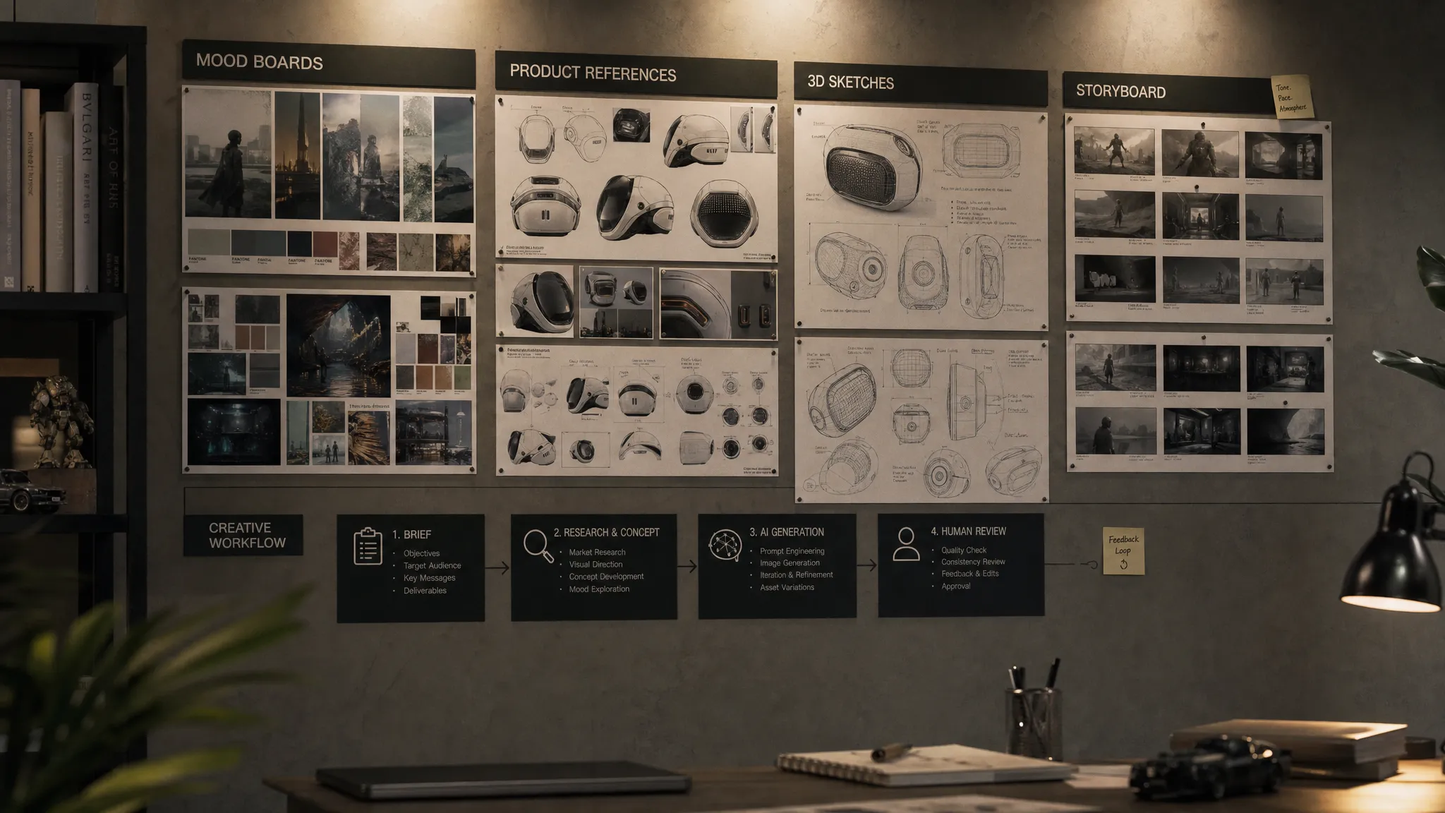 A studio wall with approved mood boards, product references, 3D sketches, storyboard frames, and a clearly labeled path from brief to AI generation, human review, and final delivery.