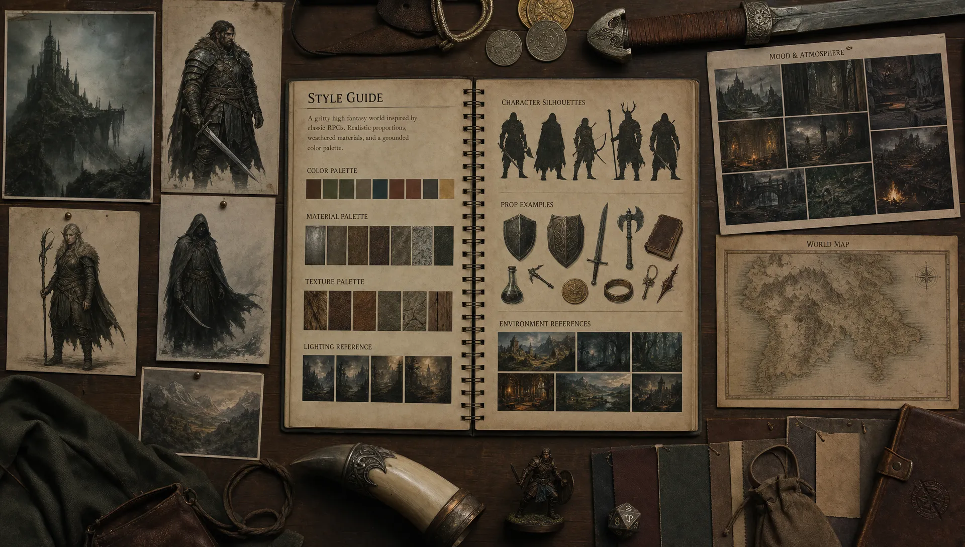 A tabletop game art direction board showing consistent fantasy props, character silhouettes, texture swatches, color palettes, and environment thumbnails arranged around a central style guide notebook.