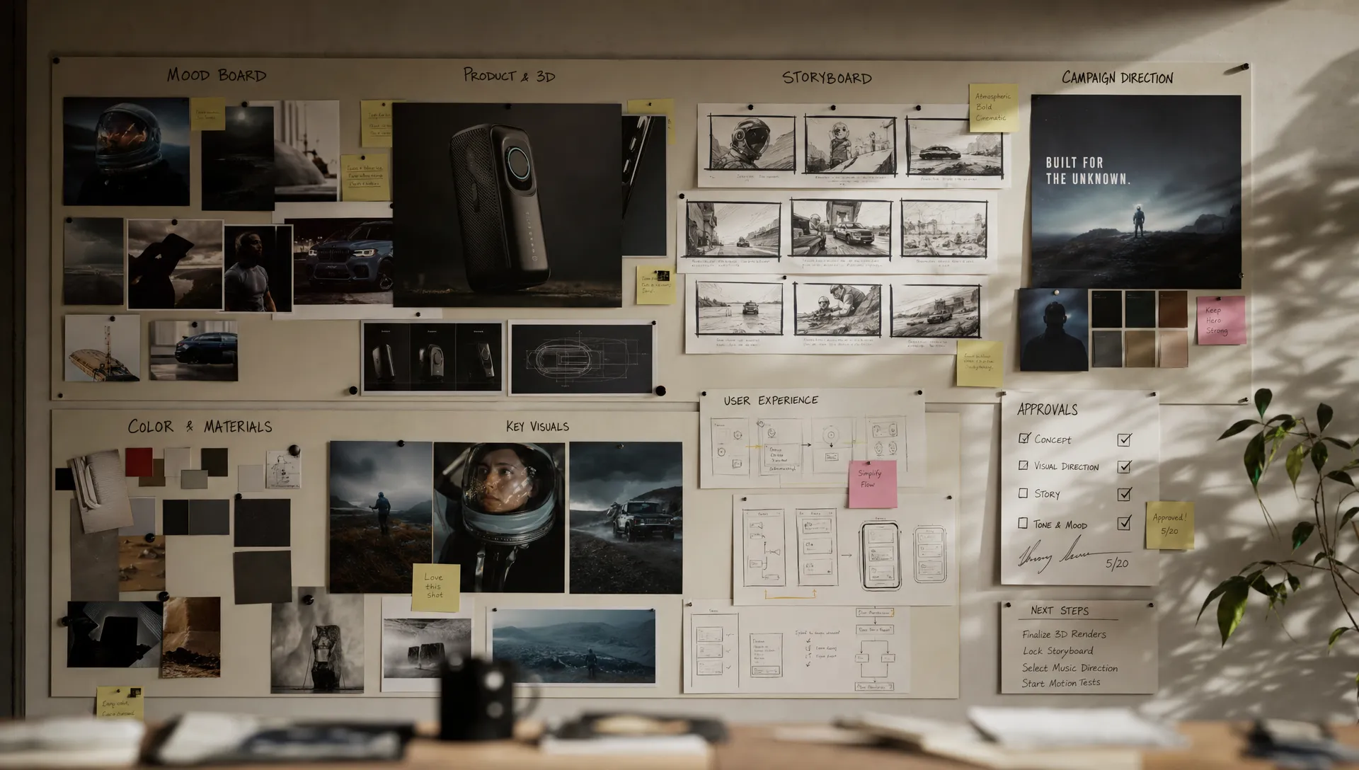 A creative production wall showing linked mood boards, product visuals, 3D previews, storyboard frames, and approval notes arranged around one shared creative direction.