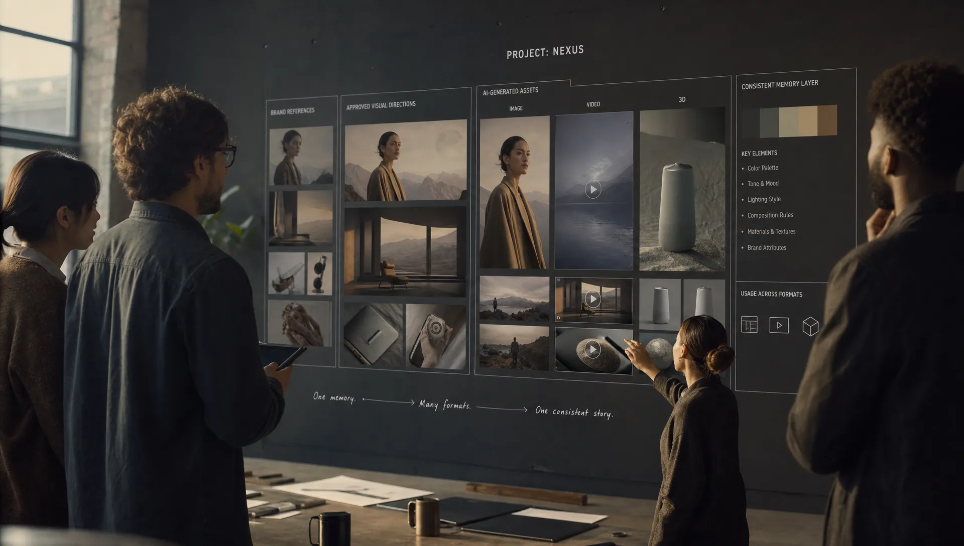 A creative production team reviews connected brand references, approved visual directions, and AI generated image, video, and 3D assets on a shared studio wall, showing how one memory layer keeps output consistent across formats.