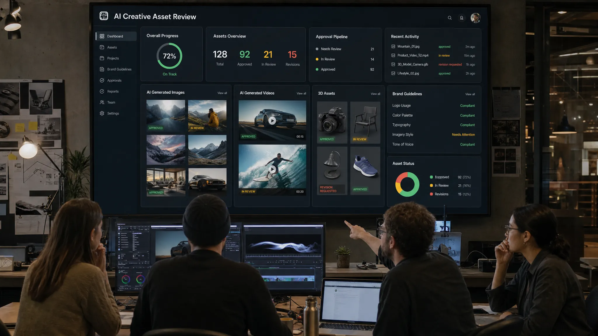 A creative operations team reviewing AI-generated image, video, and 3D assets in a studio workflow, with visible approval checkpoints, brand guidelines, and asset status indicators on large screens facing the camera.