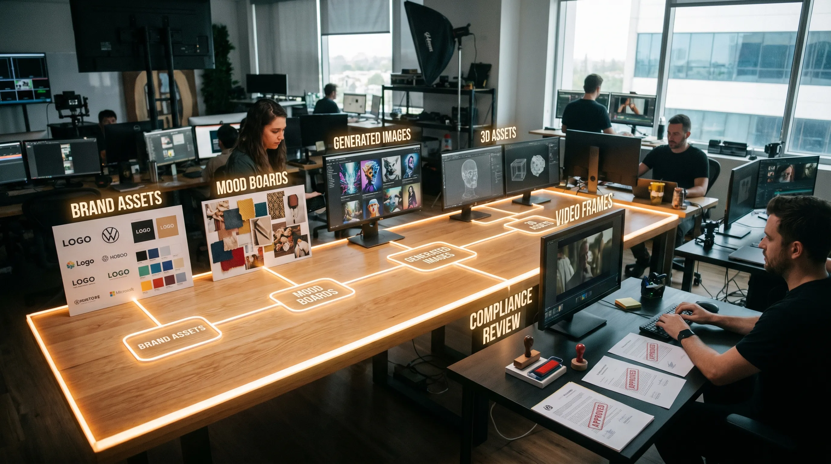 A creative studio workflow showing brand assets, approved mood boards, generated images, 3D assets, video frames, and compliance review checkpoints connected in one production pipeline.