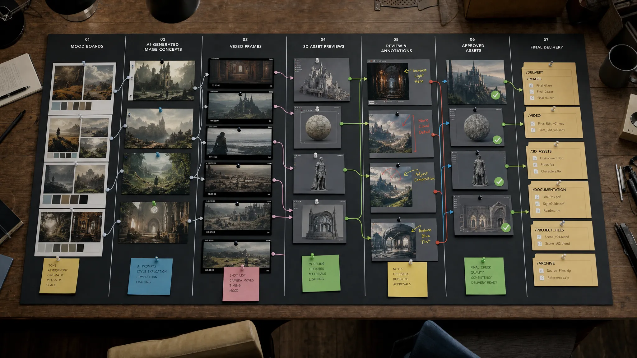 A creative studio production board showing connected stages for mood boards, AI-generated image concepts, video frames, 3D asset previews, review annotations, approved assets, and final delivery folders arranged as one workflow, viewed from above with color-coded cards and handoff lines across a long table.