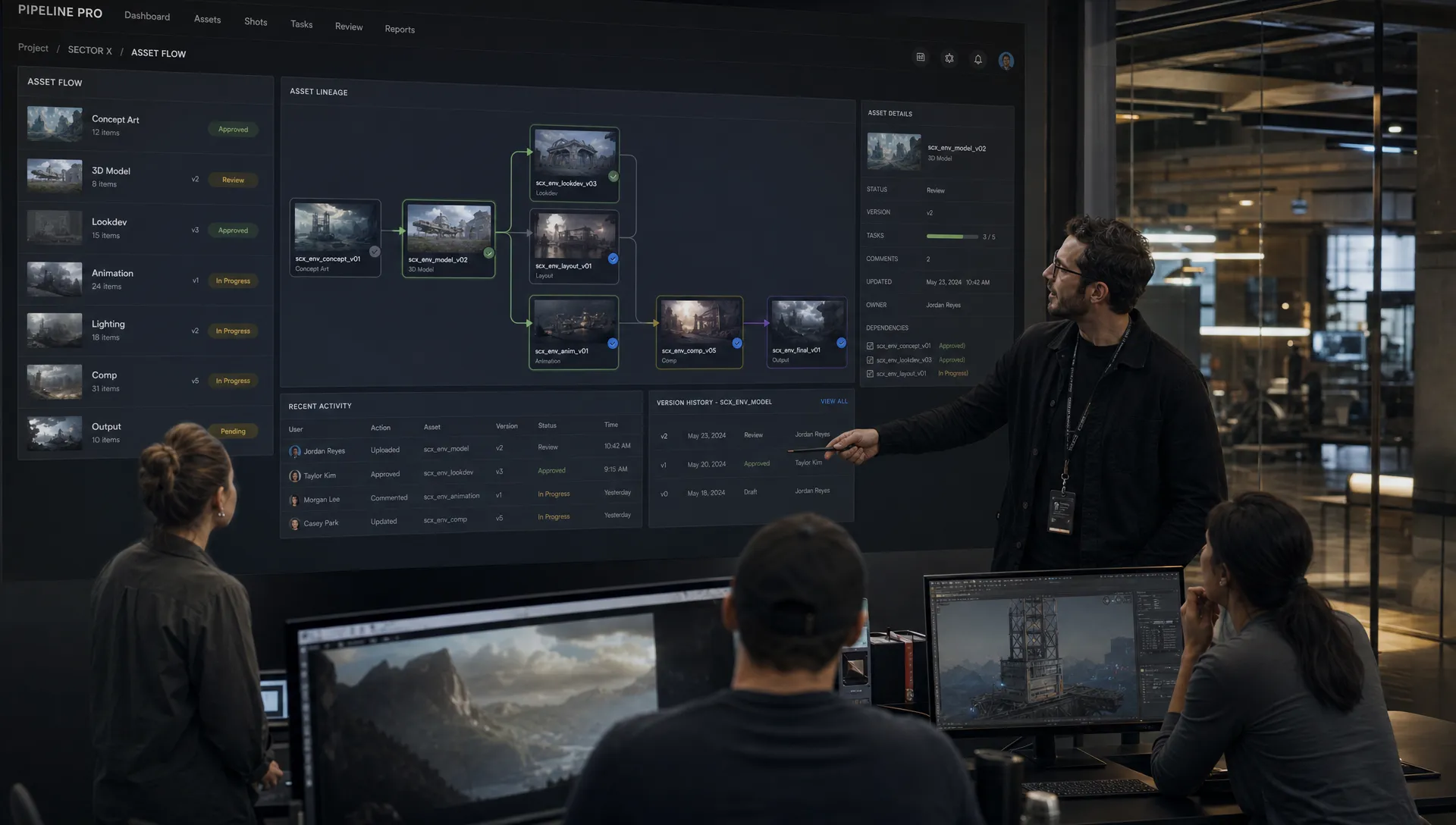 A creative production team reviewing connected image, video, and 3D assets on a shared workflow board in a modern studio control room, with asset lineage, approvals, and version status visible across the pipeline.