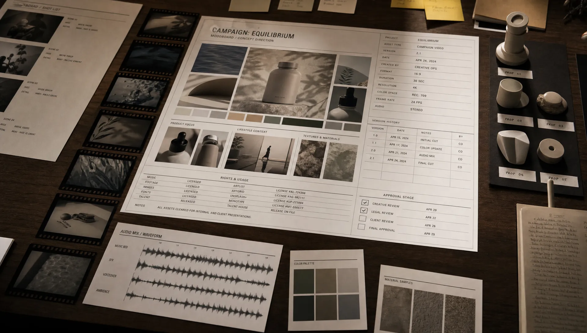 A creative operations table with printed mood boards, product images, filmstrip frames, audio waveforms, and small 3D object prototypes arranged with labels for metadata, version history, rights status, and approval stage.