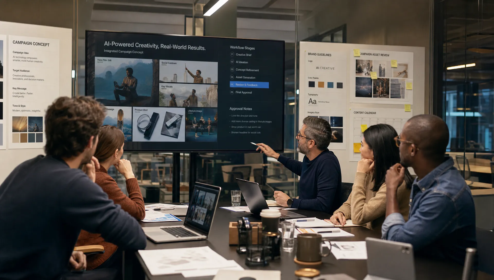 A cross-functional enterprise creative team reviews AI-generated campaign concepts, production assets, and approval notes in a glass meeting room, with brand guidelines and workflow stages visible on wall boards and a large screen facing the camera.