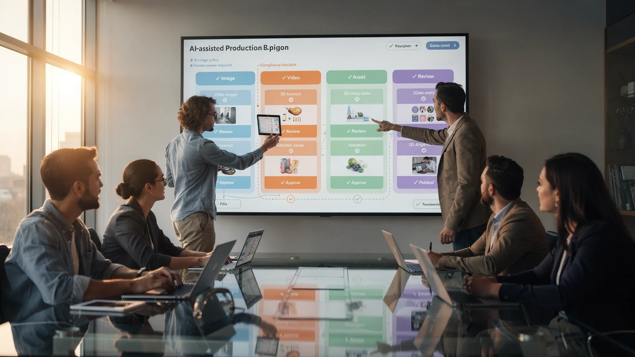 A creative production team reviewing an AI-assisted workflow board with image, video, and 3D asset stages, with clear approval checkpoints and governance notes visible on correctly oriented screens.