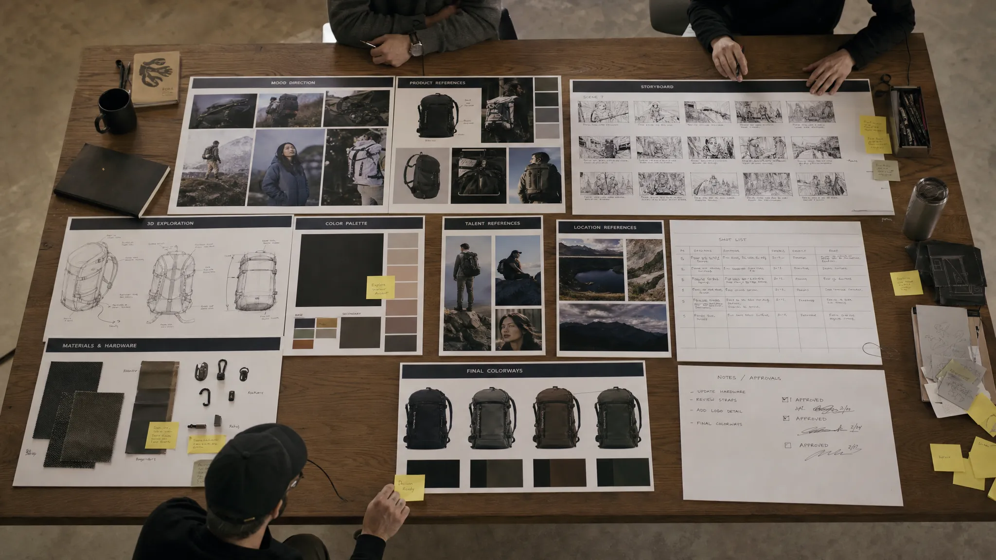 A large overhead view of a creative production table with mood boards, product references, storyboard frames, 3D sketches, color swatches, and approval notes spread out in organized sections.