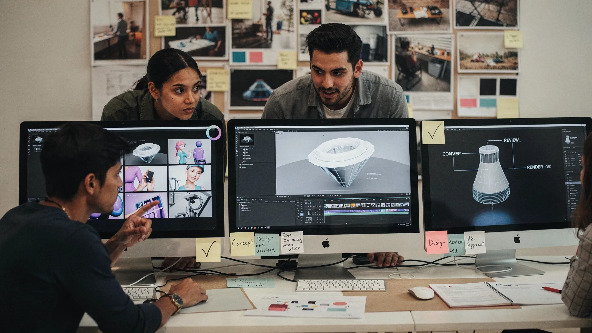 A creative studio team reviewing AI-generated image, video, and 3D assets on correctly oriented desktop screens, with mood boards, approval notes, and asset pipeline stages visible in a collaborative workspace.