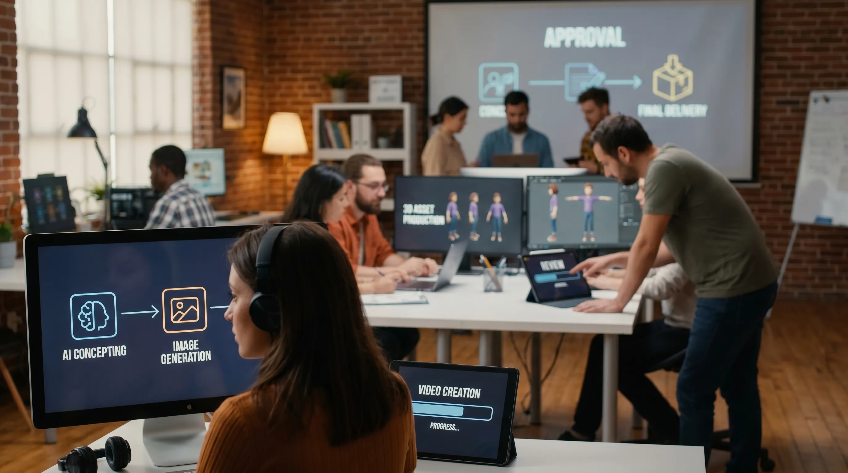 A creative production pipeline showing a brief moving through AI-assisted concepting, image generation, video creation, 3D asset production, review, approval, and asset delivery across a studio team.