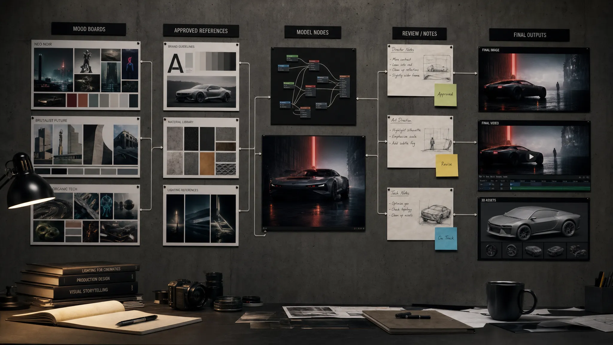 A creative production workflow shown as a connected sequence of mood boards, approved brand references, model nodes, review notes, and final image, video, and 3D asset outputs arranged across a studio wall.