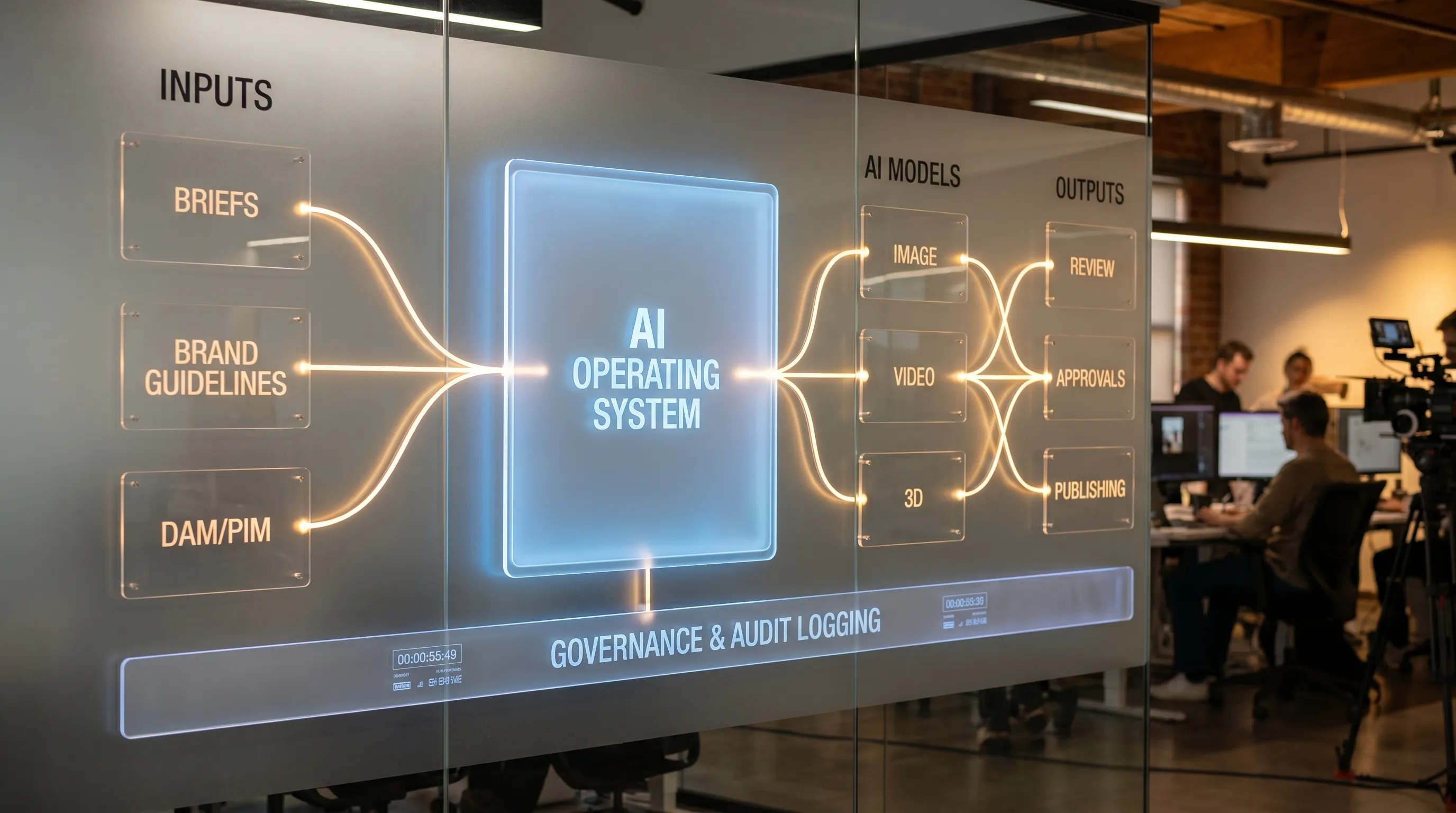 Diagram of a creative tech stack showing an AI operating system layer in the middle connecting inputs (briefs, brand guidelines, DAM/PIM) to AI models (image, video, 3D) and outputs (review, approvals, publishing), with governance and audit logging spanning the entire flow.