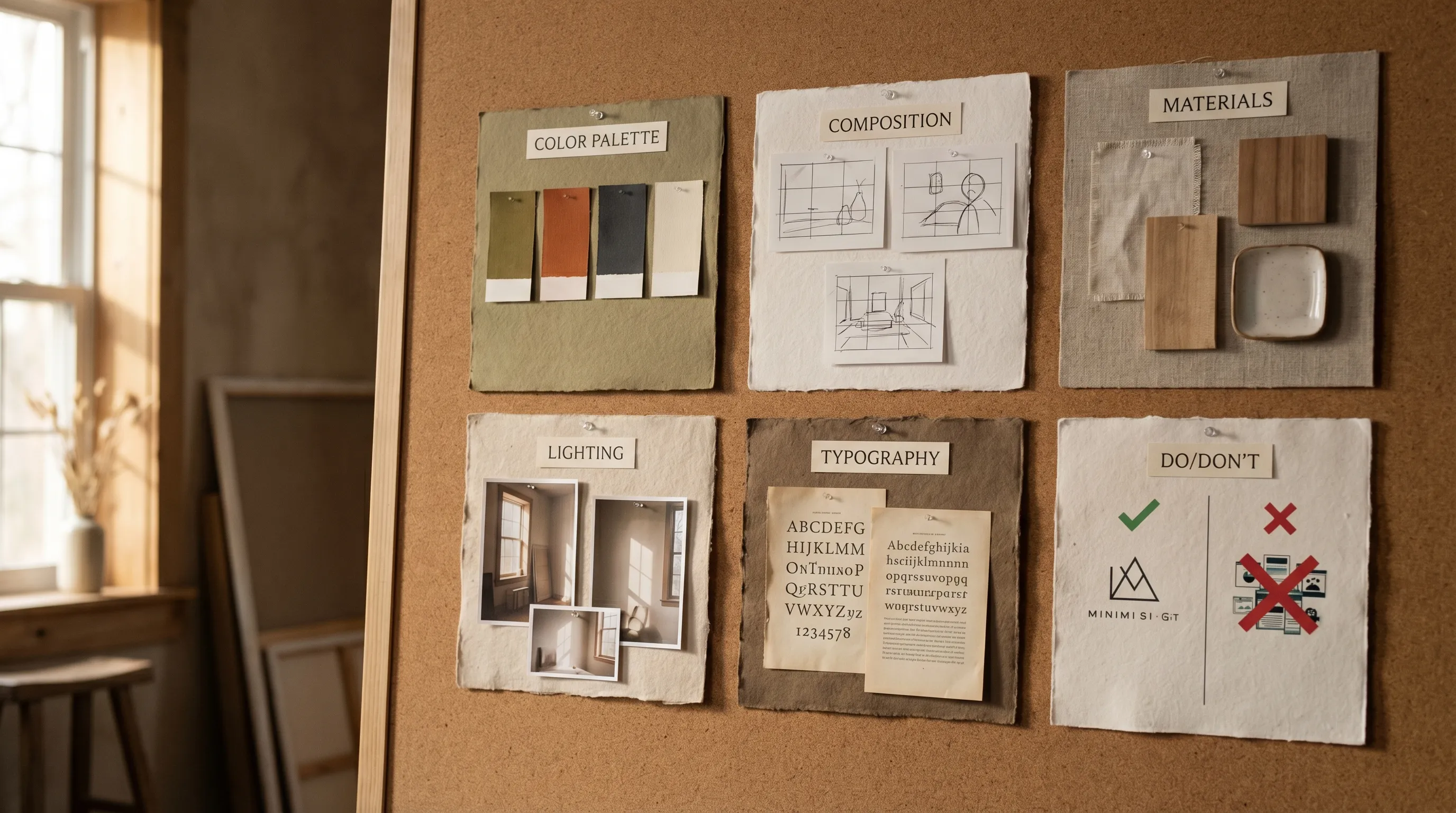 A simple mood board and style reference wall for a fictional brand, showing 6 reference tiles labeled color palette, lighting, composition, typography, materials, and “do/don’t” examples.