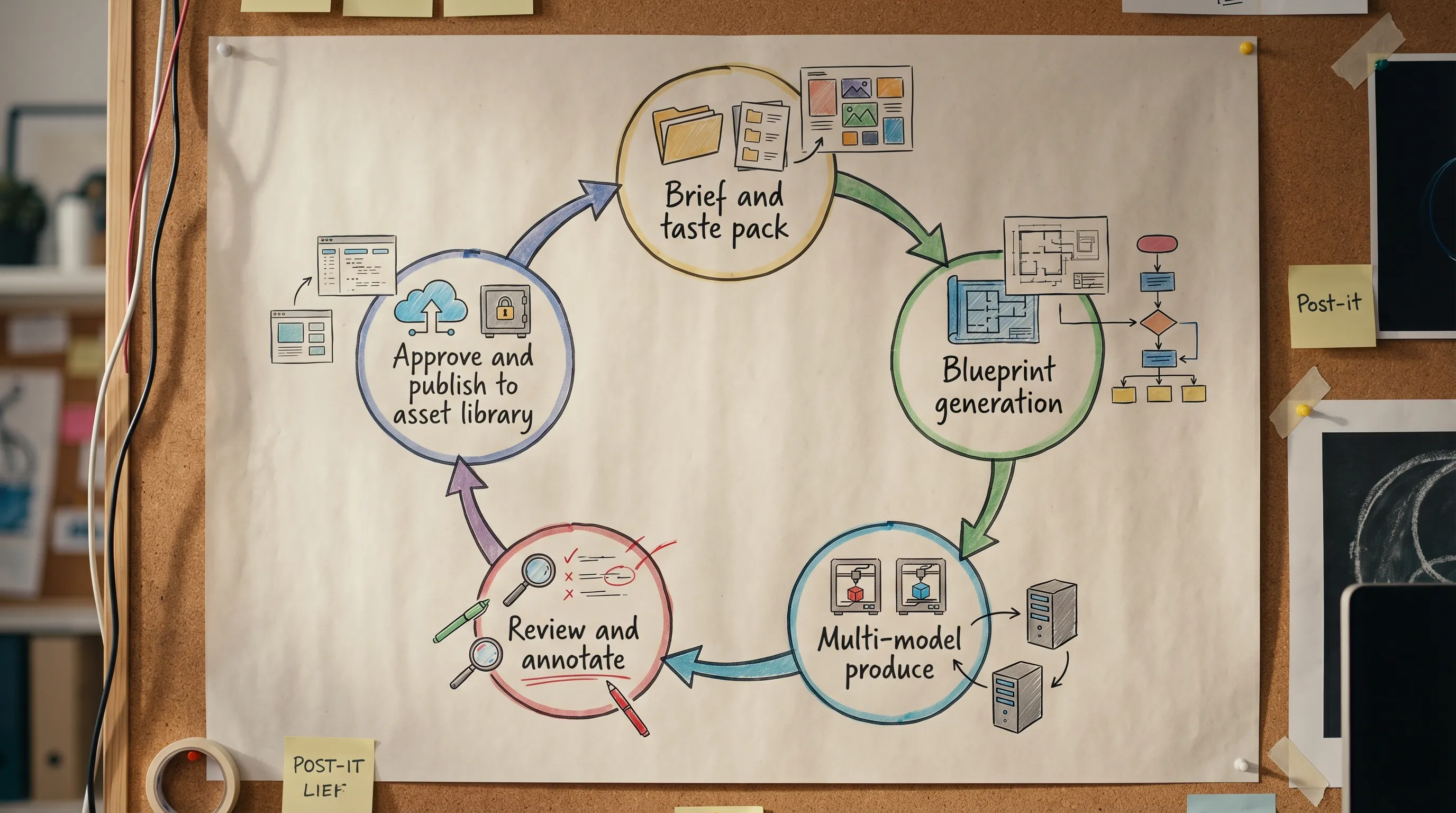 A workflow diagram with five labeled steps in a loop: Brief and taste pack, Blueprint generation, Multi-model produce, Review and annotate, Approve and publish to asset library.