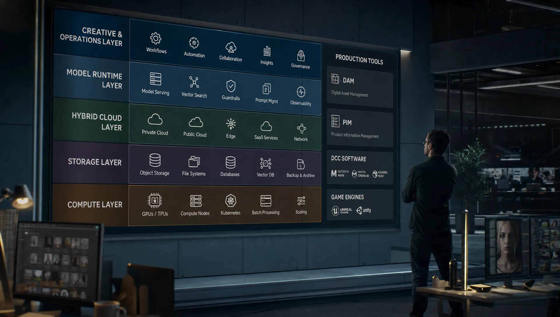 A layered enterprise AI stack shows compute, storage, hybrid cloud, model runtime, a creative operations layer, and production tools for DAM, PIM, DCC software, and game engines.