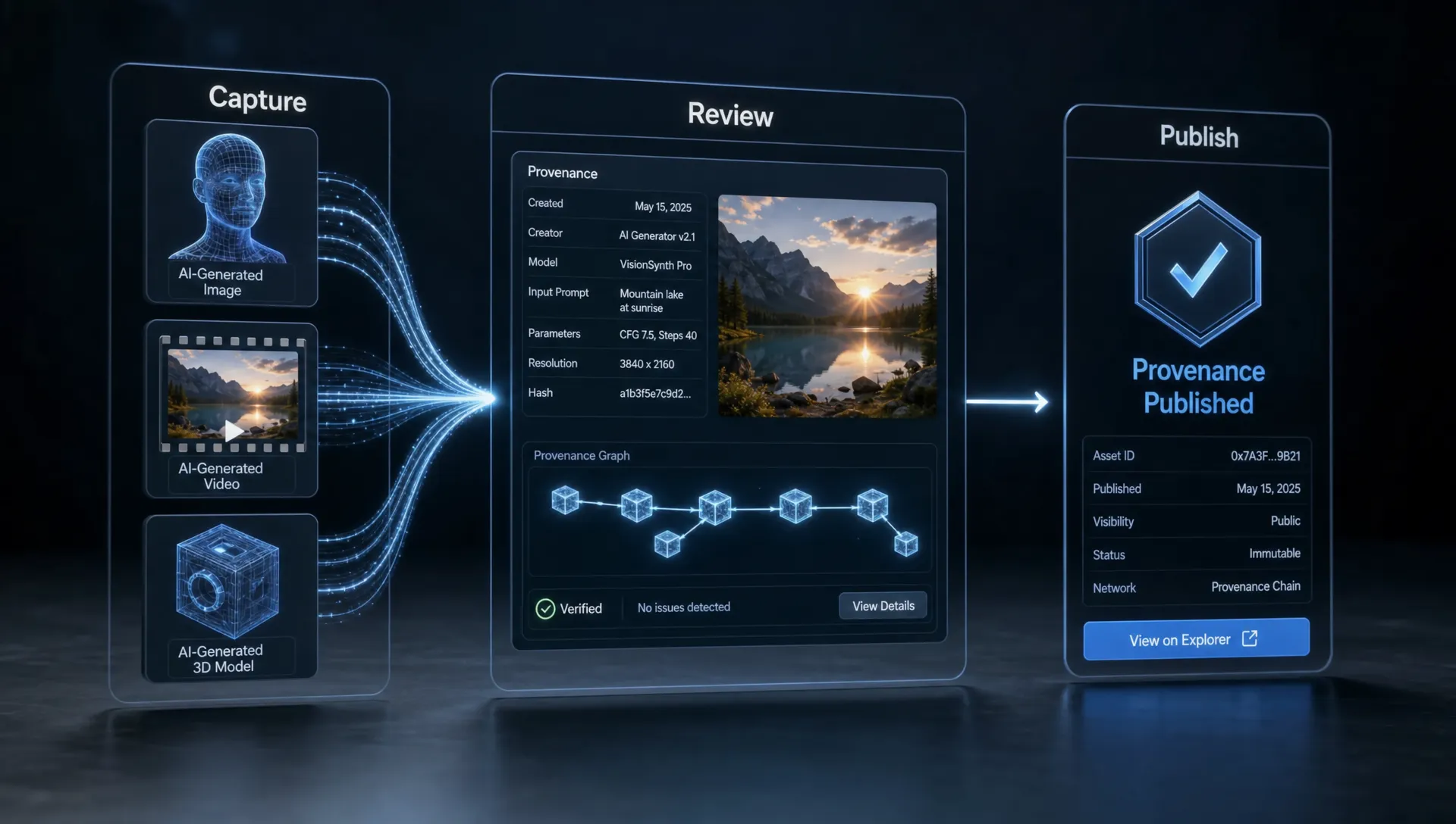 An AI-generated image, a video asset, and a 3D model move through provenance capture, review, and publication labels.