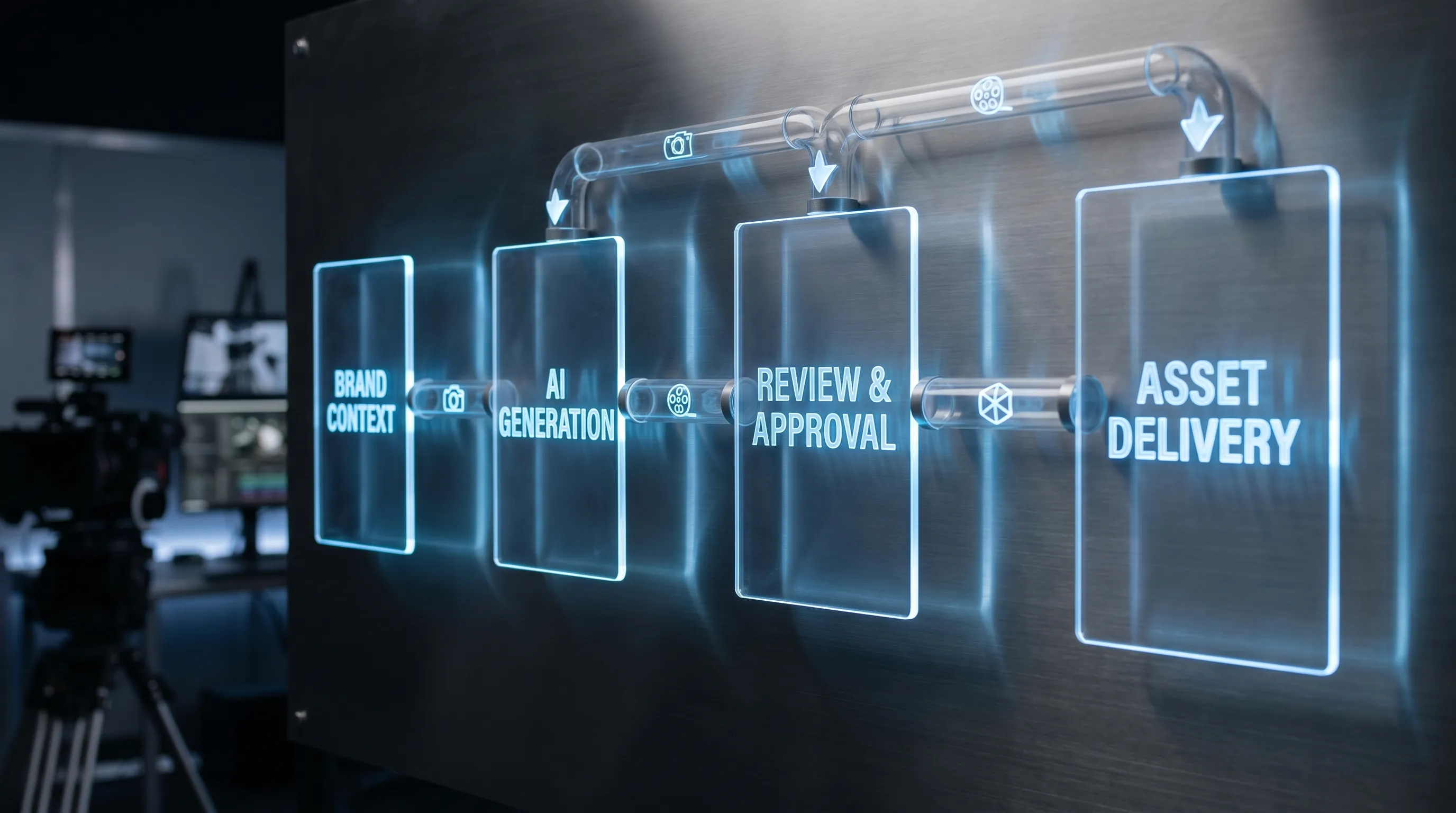 A simplified creative content pipeline with connected stages labeled brand context, AI generation, review and approval, and asset delivery, with image, video, and 3D asset icons moving through the flow.