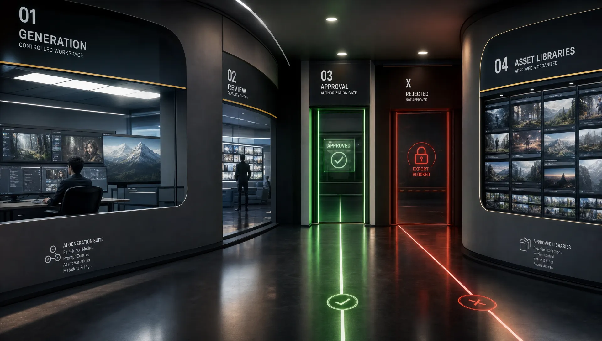 A creative production workflow showing AI generated assets moving from a controlled generation workspace into review, approval, and approved asset libraries, with locked paths preventing unapproved exports, shown as a wide interior corridor with status gates and destination panels rather than a desk scene.