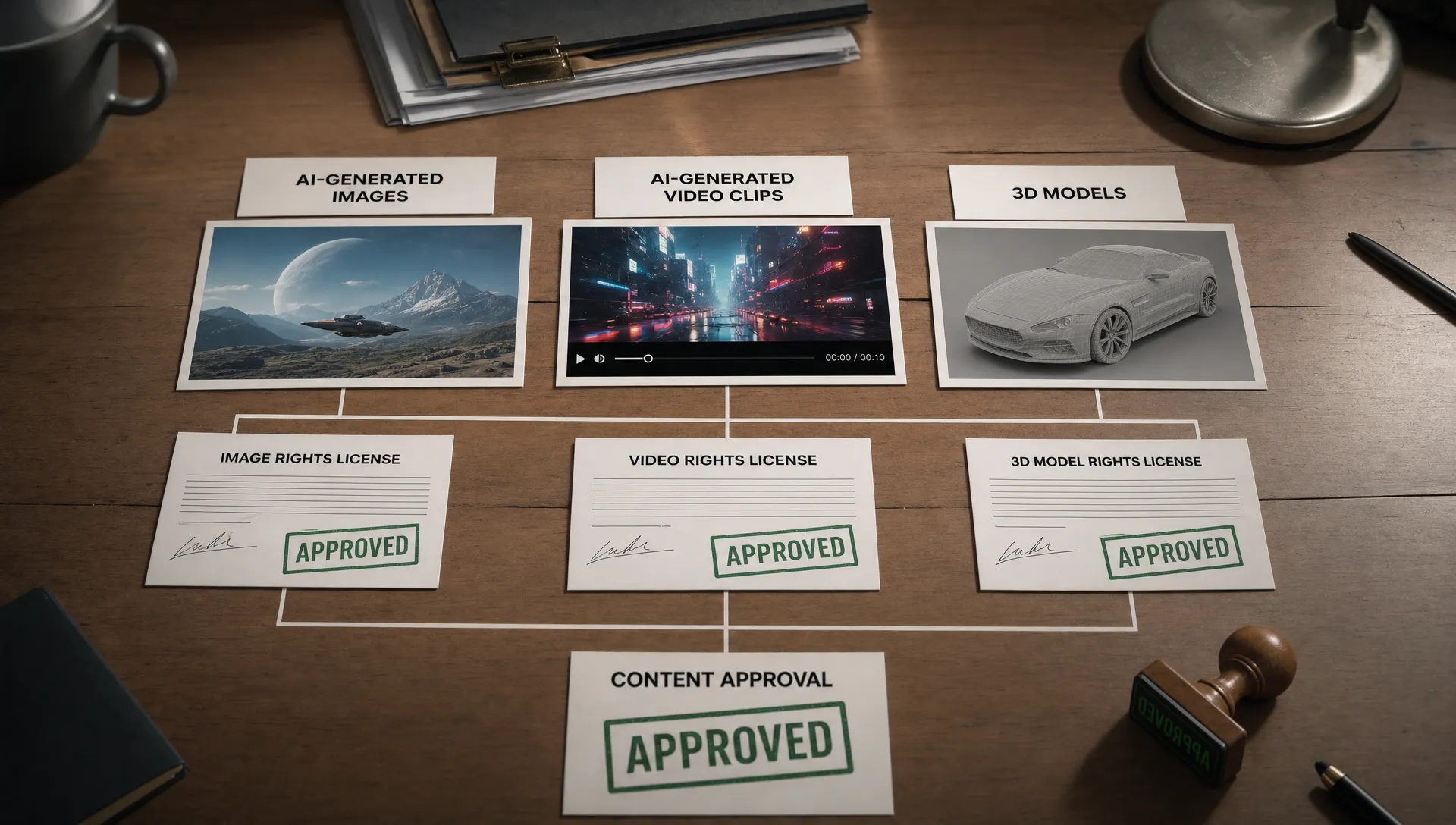 A studio table with labeled cards for AI-generated images, video clips, and 3D models linked to rights documents and approval stamps.