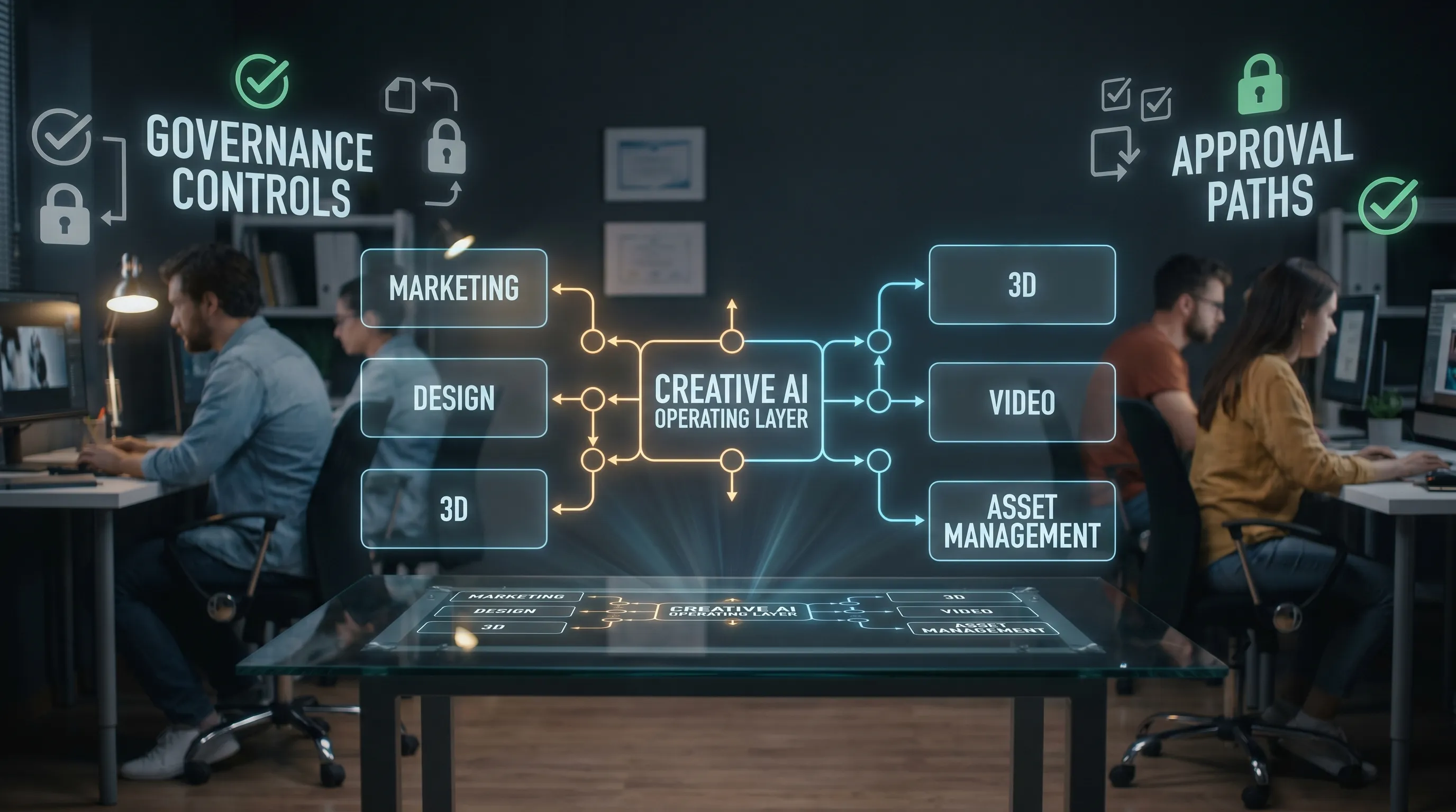 A central creative AI operating layer connecting marketing, design, 3D, video, and asset management workflows, with governance controls and approval paths visible around the production process.