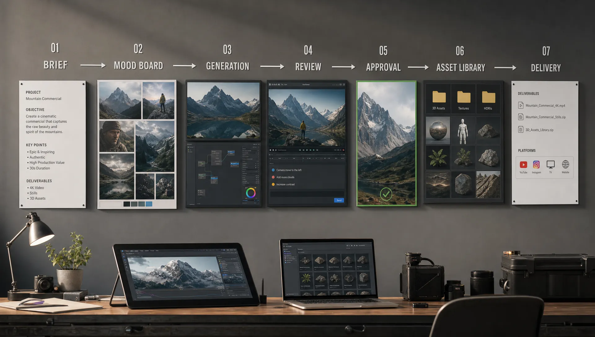 A creative production workflow shown as a horizontal series of connected stages for AI image, video, and 3D work, with brief, mood board, generation, review, approval, asset library, and delivery arranged across a clean wall display and workbench.