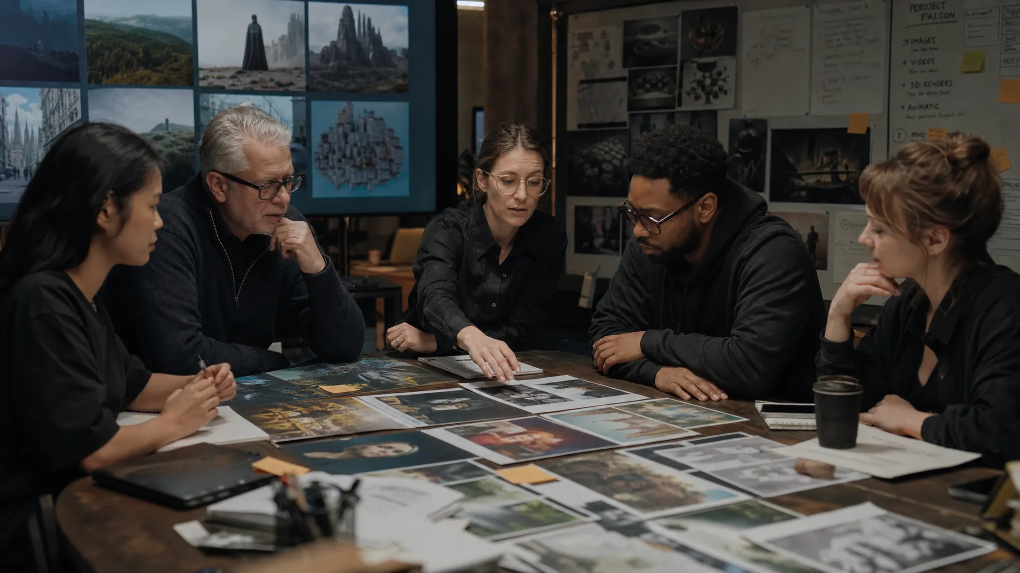 Creative team reviewing AI-generated visual assets across image, video, and 3D formats around a large table in a collaborative studio, with printed previews, approval notes, and reference boards arranged clearly in front of them.