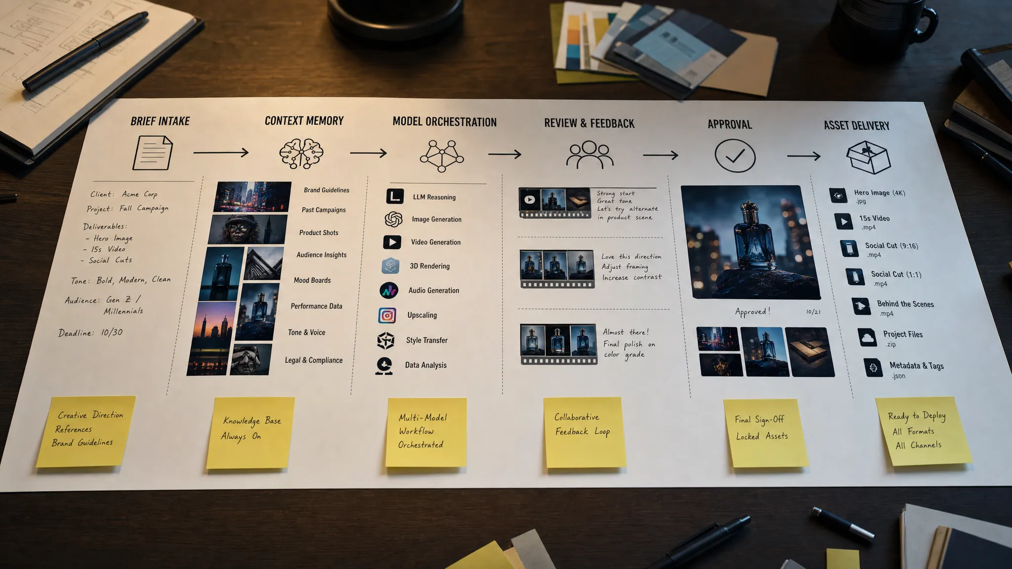 AI creative production workflow shown as a connected sequence of stages from brief intake to context memory, model orchestration, review, approval, and asset delivery, laid out across a clean planning surface.